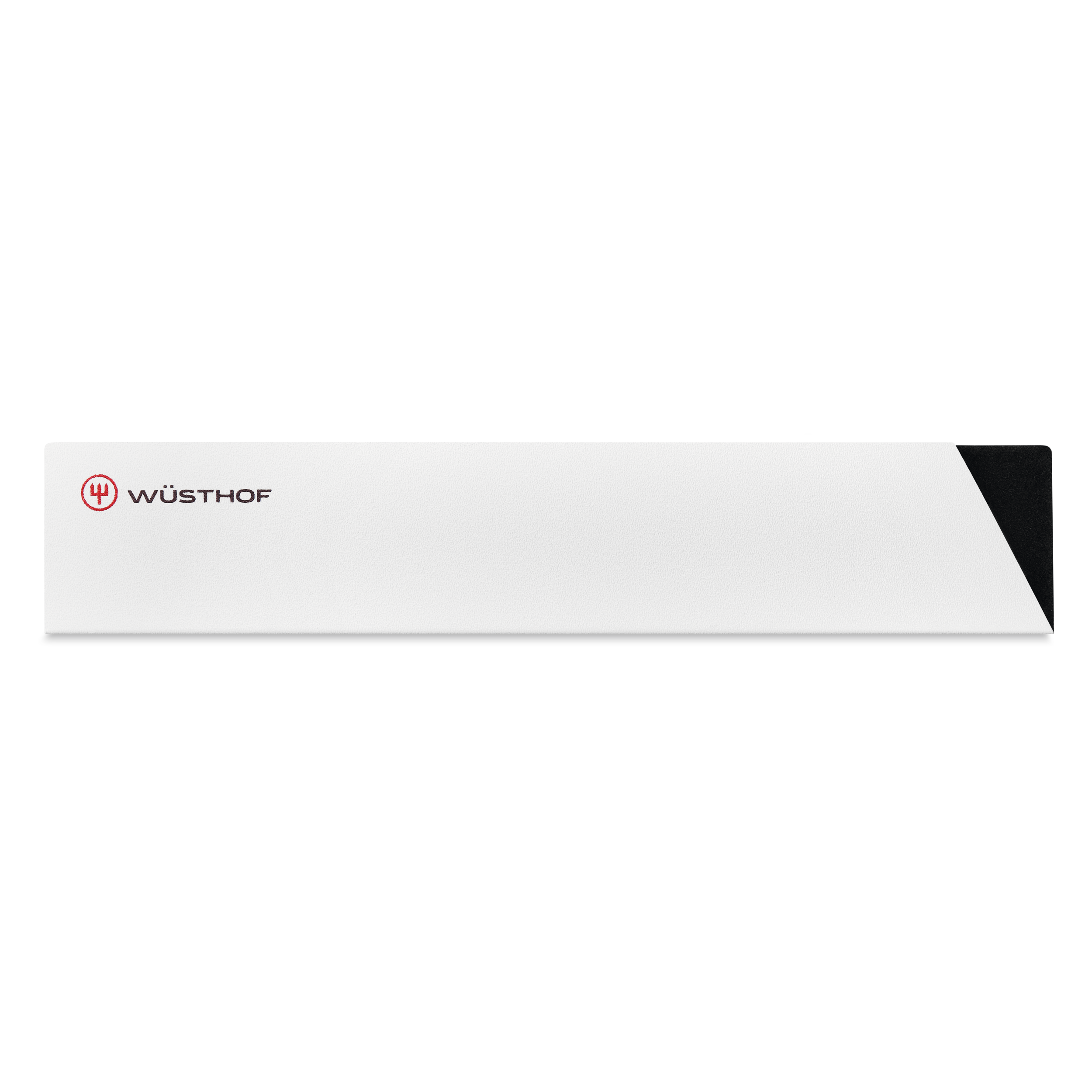 Weiße Box mit Wusthof-Logo links. Schwarze abgeschrägte Kante rechts. Schwarzer Rand.