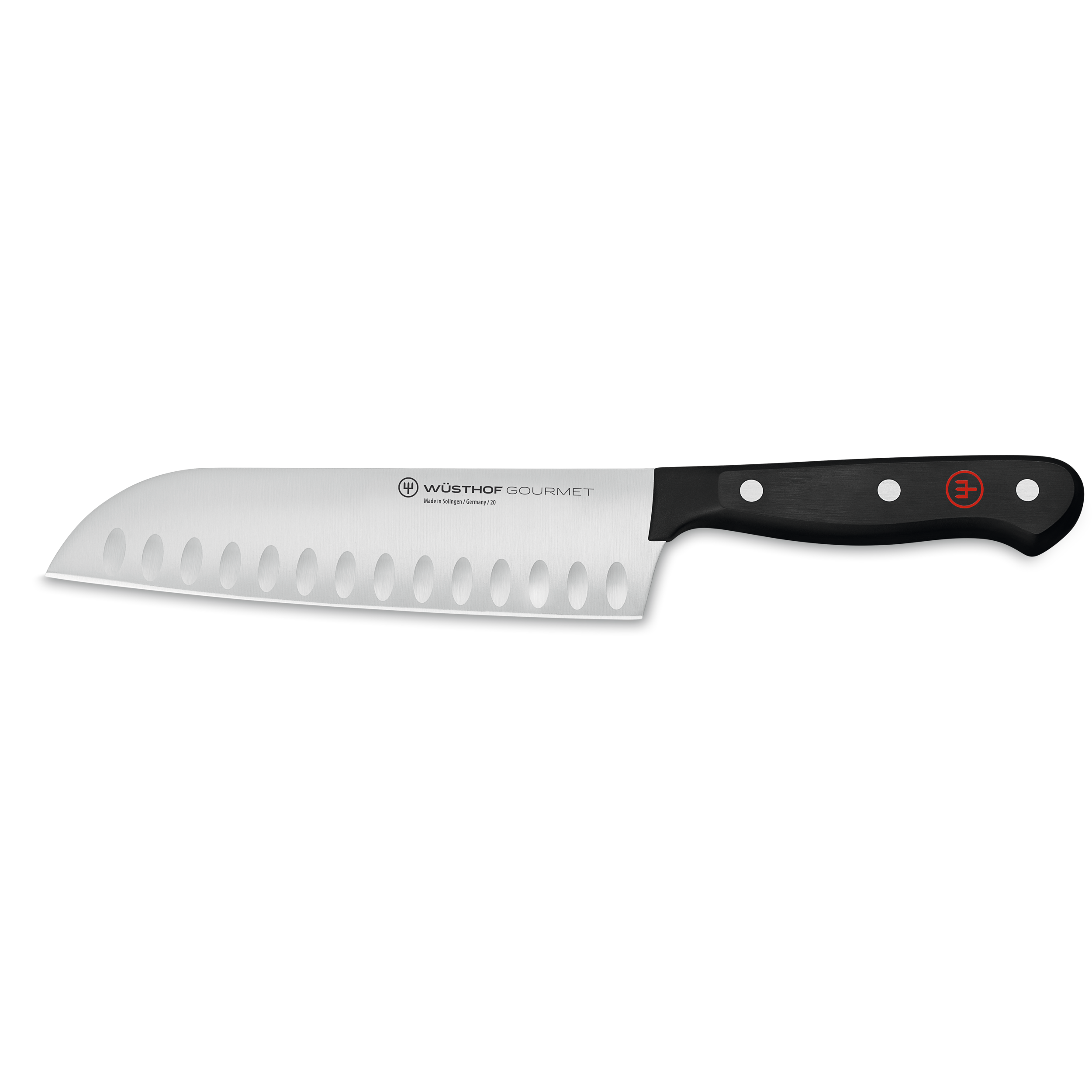 Ein Wüsthof Gourmet-Messer mit schwarzem Griff, silberner Klinge und rotem Logo am Griffende.