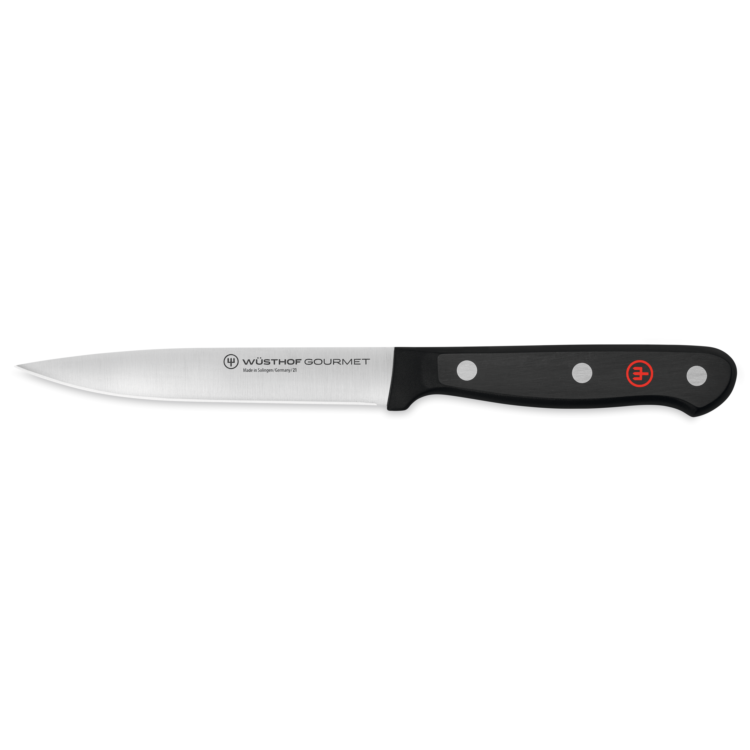 Ein Wüsthof Gourmet Schälmesser auf schwarzem Untergrund. Die Klinge ist silber, der Griff schwarz. Das Logo ist sichtbar.