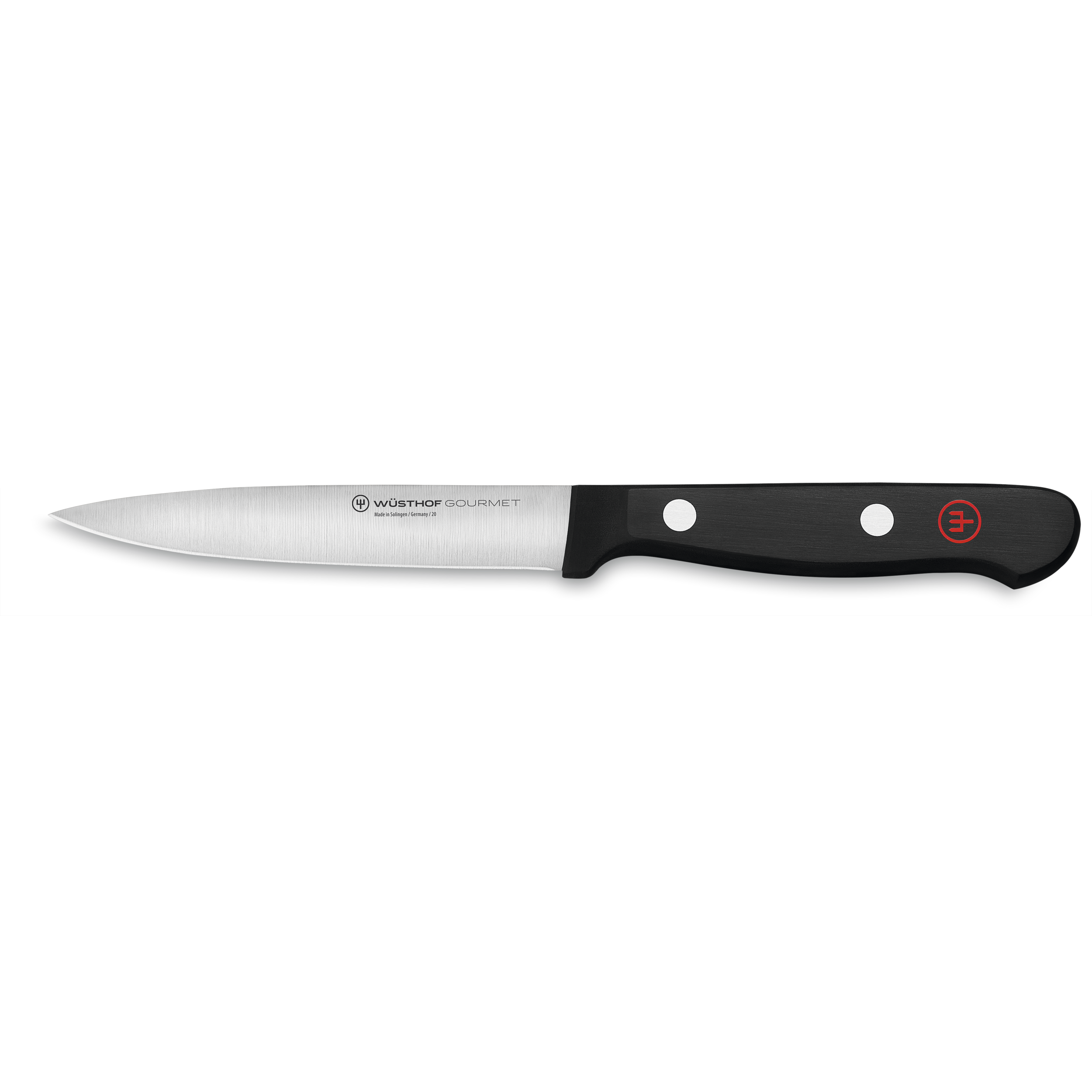 Ein Wüsthof Gourmet Schälmesser auf schwarzem Hintergrund. Die Klinge ist silber, der Griff schwarz.