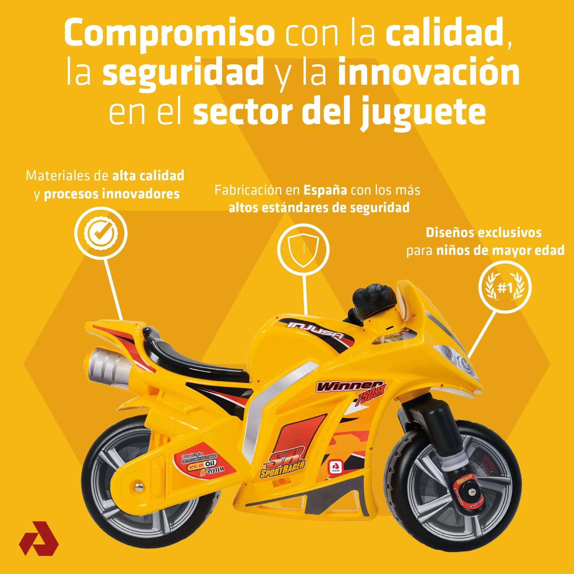 Moto giocattolo gialla con ruote nere, dettagli rossi e bianchi, testo su sfondo arancione, promozione qualità giocattoli.