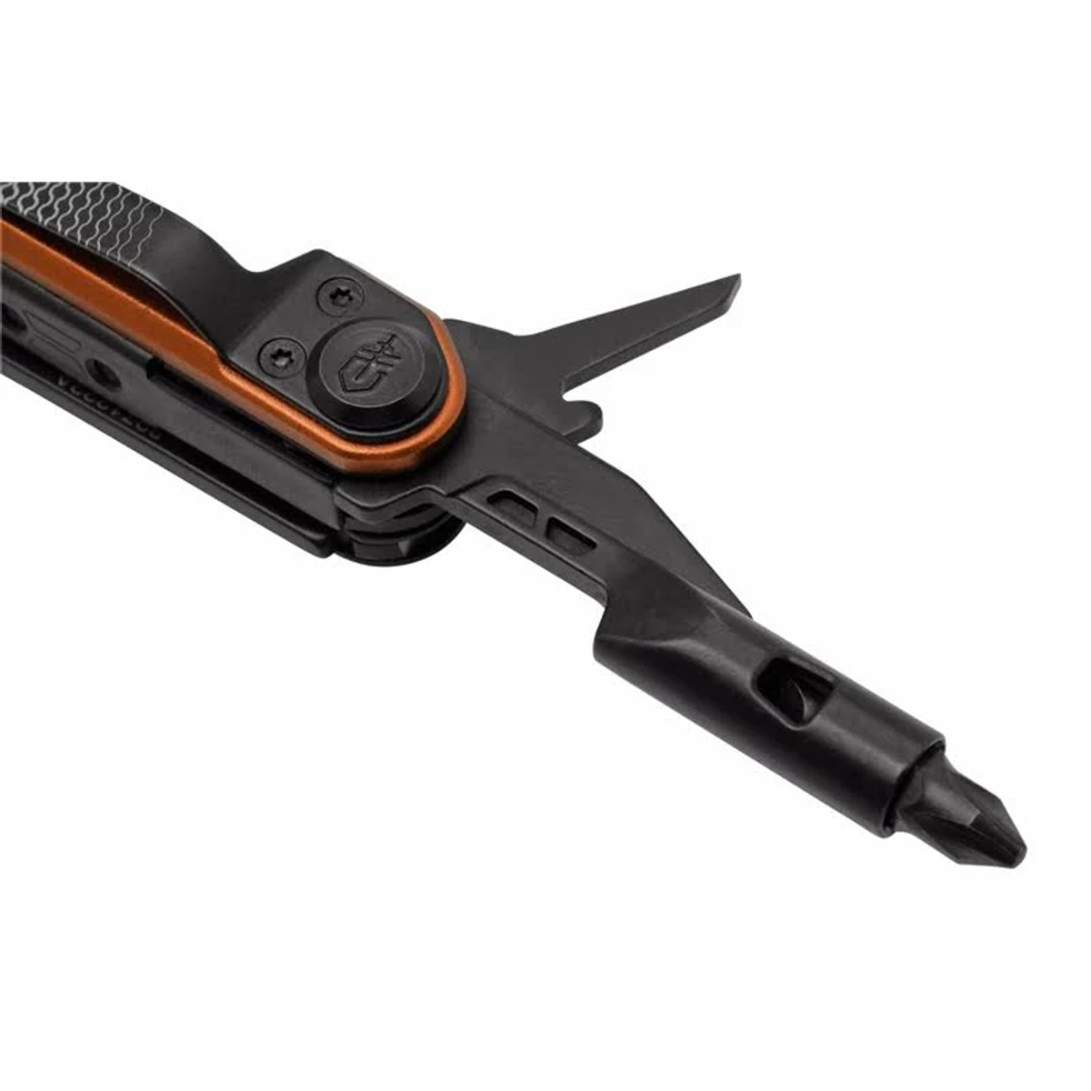 Nahaufnahme eines schwarzen und orangefarbenen Multitools. Ein Schraubendreher ist ausgeklappt. Das Werkzeug hat einen strukturierten Griff.