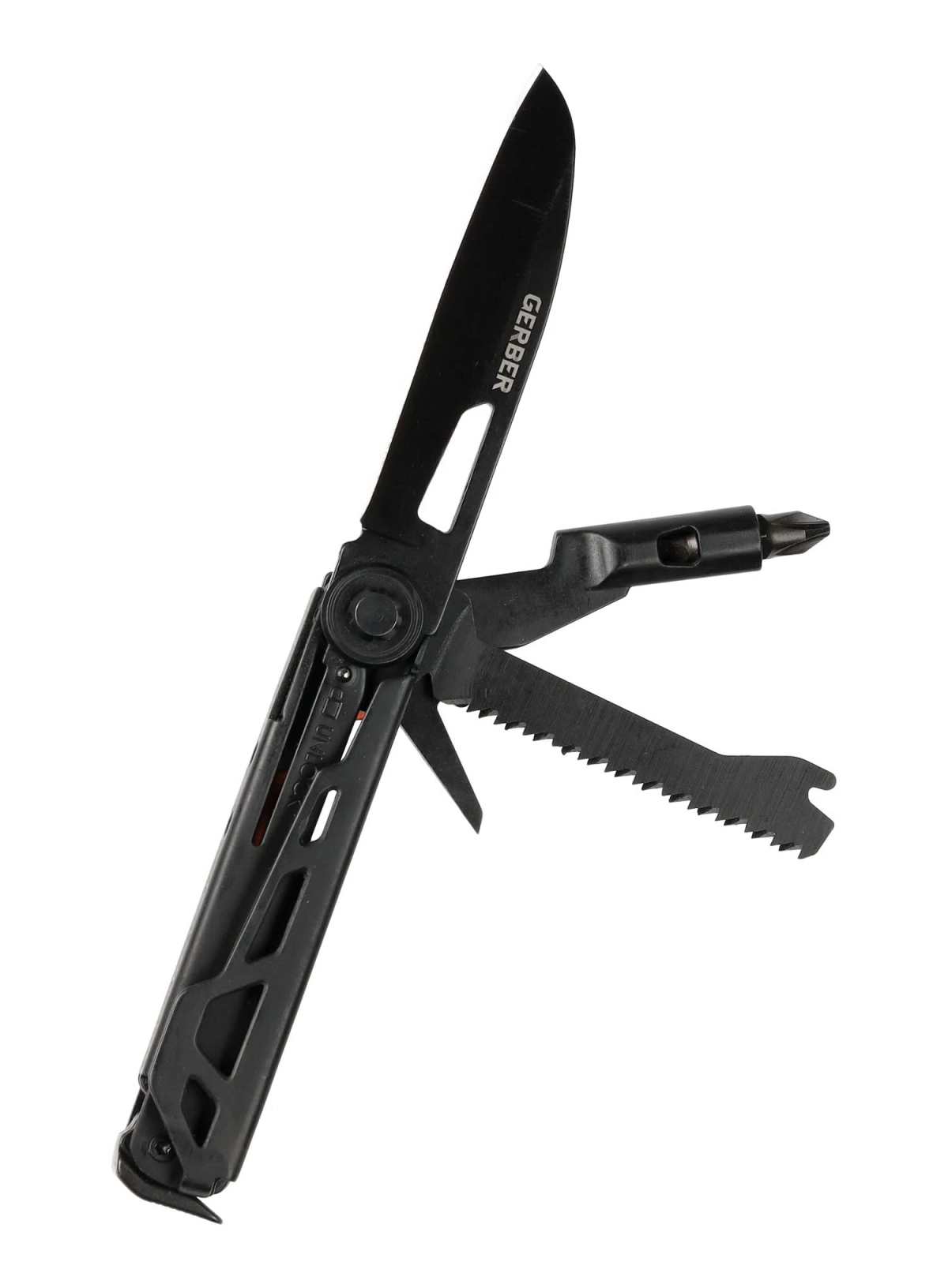 Schwarzes Gerber-Multitool auf Weiß. Werkzeuge umfassen Messer, Säge, Schraubendreher und andere Geräte.