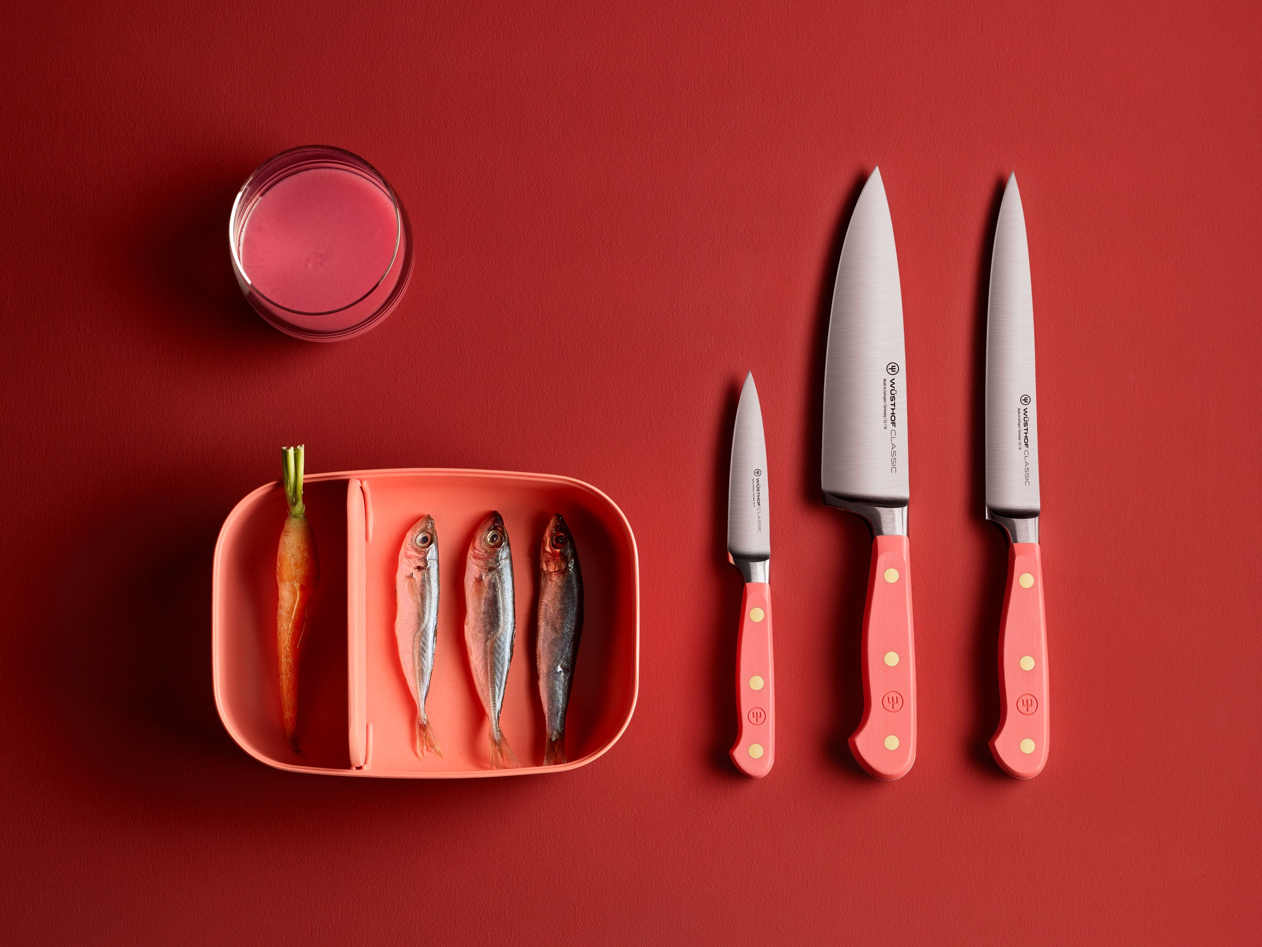 Roter Hintergrund mit Glas rosa Flüssigkeit, Behälter mit Karotte und Fisch, sowie Messer.