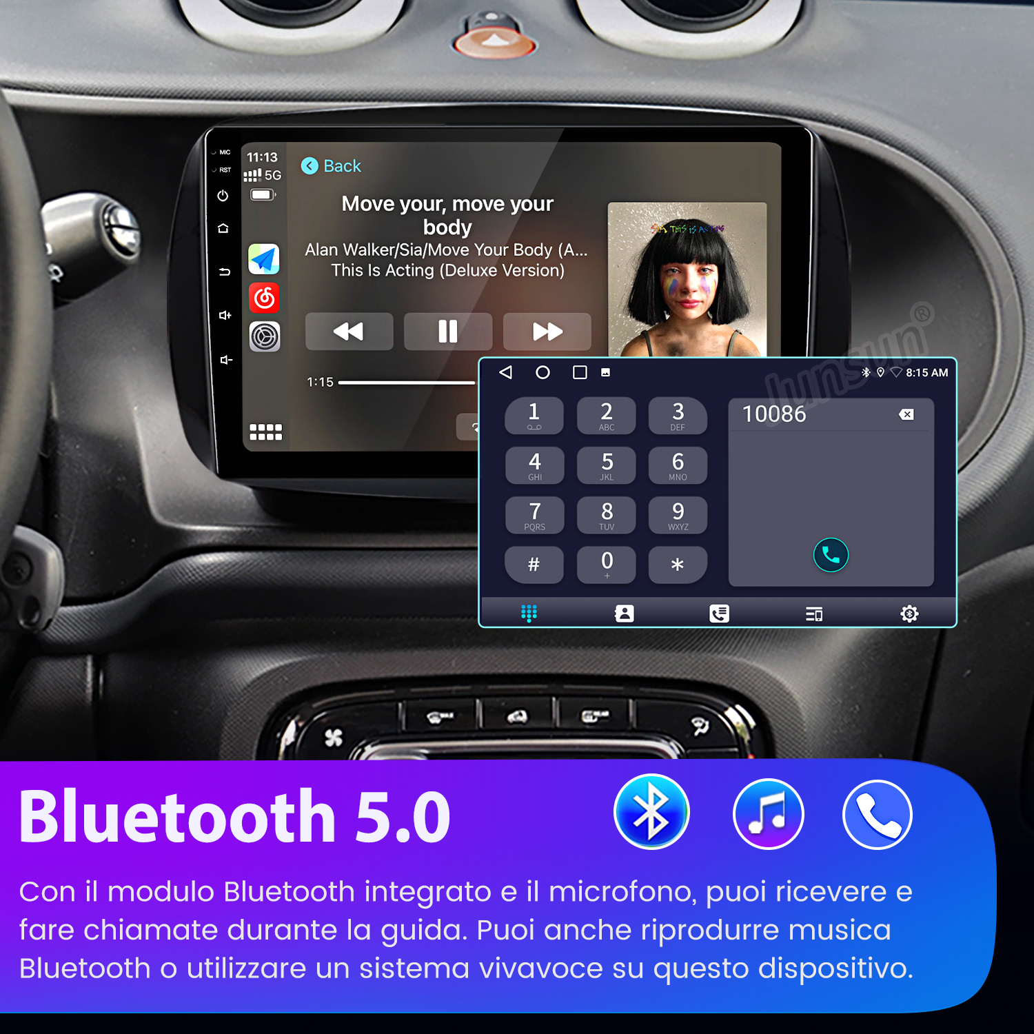 Schermo autoradio che riproduce musica e mostra una tastiera telefonica. Bluetooth 5.0 è pubblicizzato in basso.