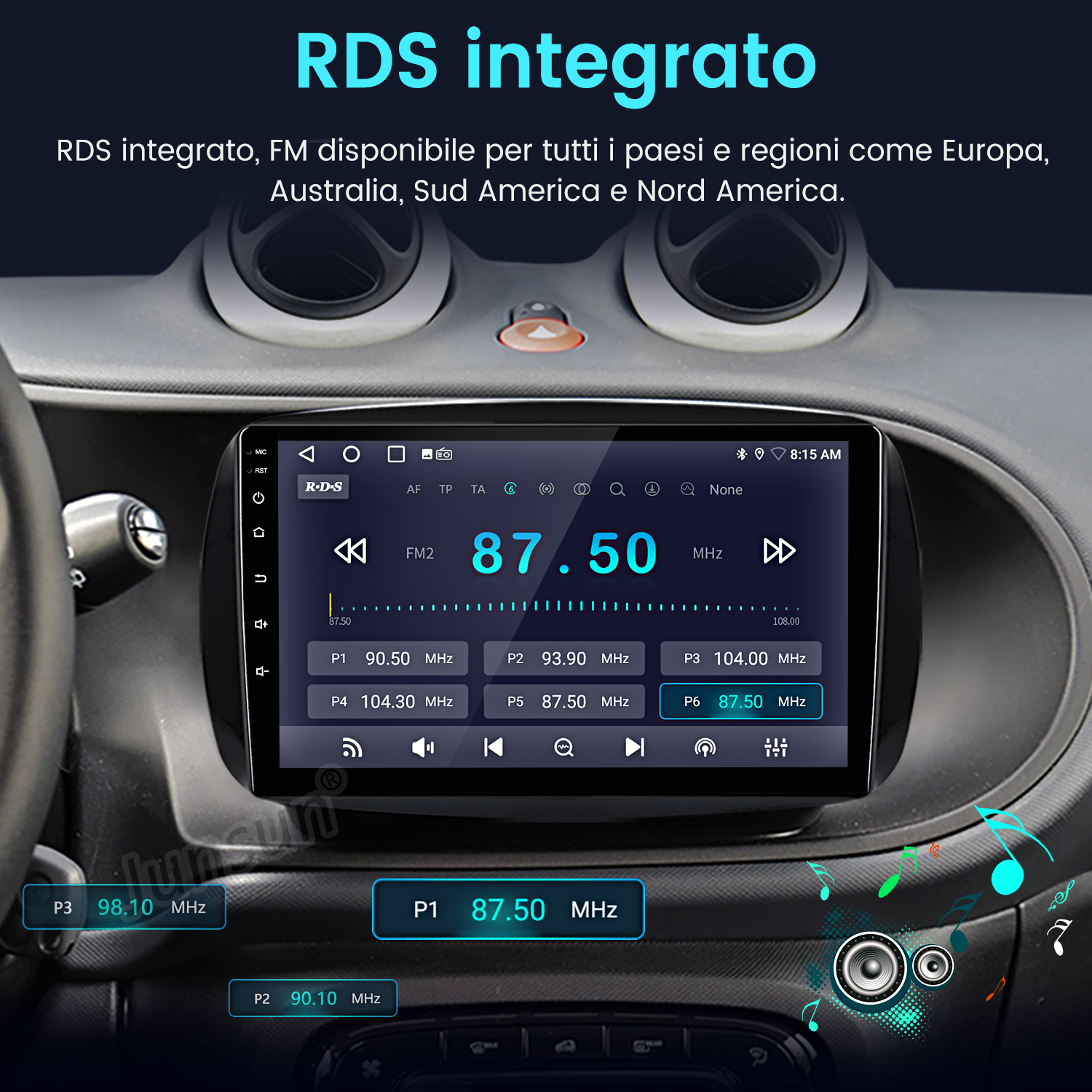 Schermo autoradio che mostra informazioni radio FM. La frequenza è 87,50 MHz. Il testo recita 'RDS integrato' (RDS integrato).