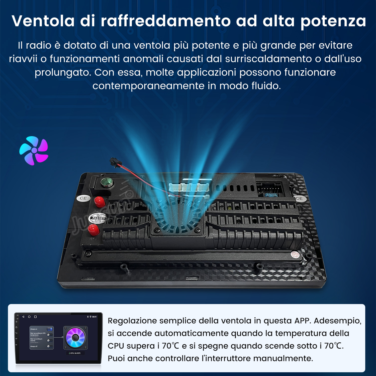 Immagine di un componente stereo per auto con ventola, luce blu e testo in italiano che descrive la sua funzione e il controllo.