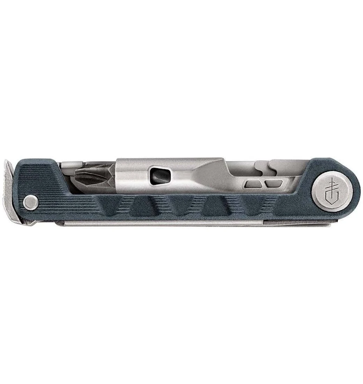 Ein Multitool mit dunkelblauem Griff und silbernen Werkzeugen. Es hat einen Schraubendreherbit, eine kleine Klinge und ein abgerundetes Ende.