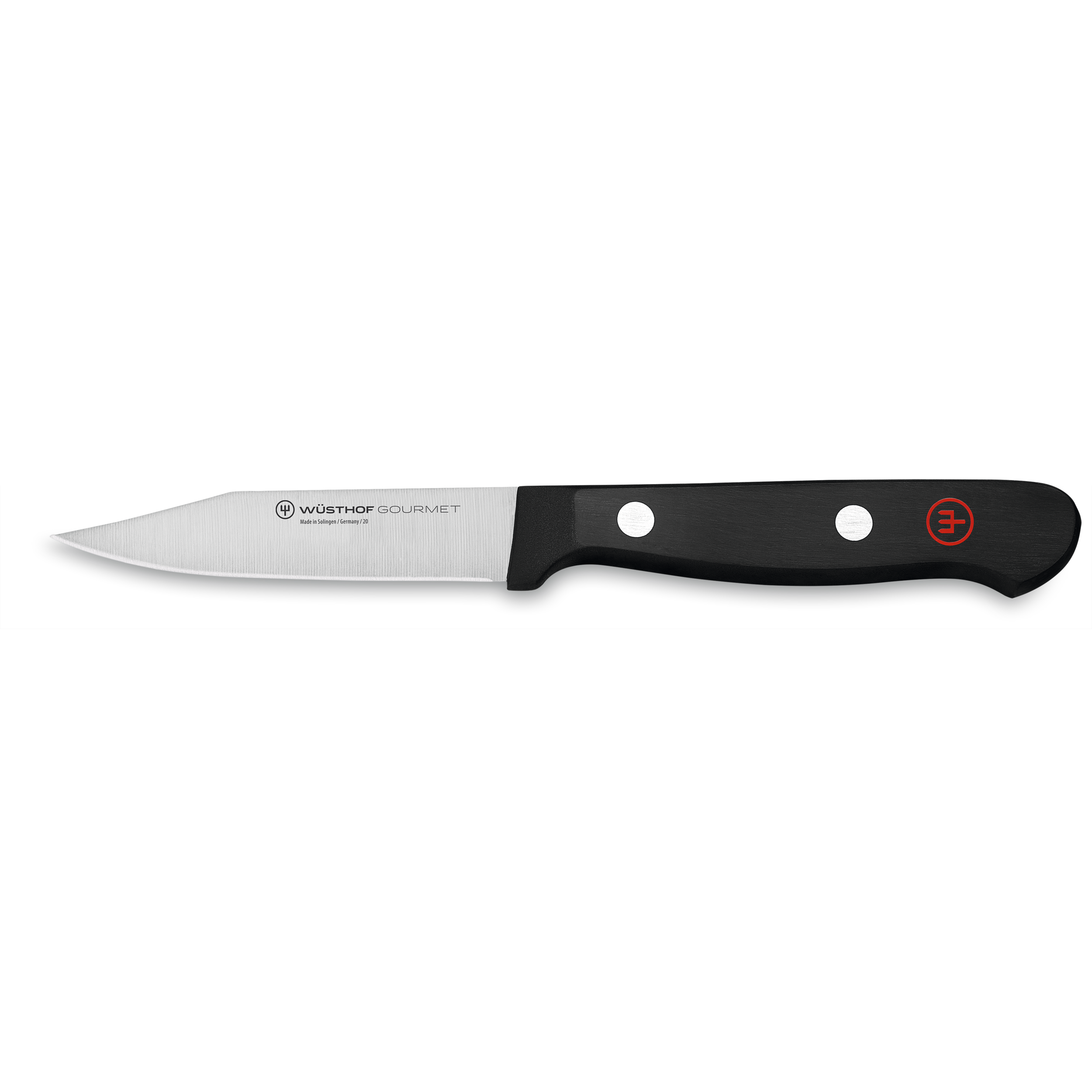 Ein Wüsthof Gourmet Schälmesser auf schwarzem Hintergrund. Das Messer hat eine silberne Klinge und einen schwarzen Griff.