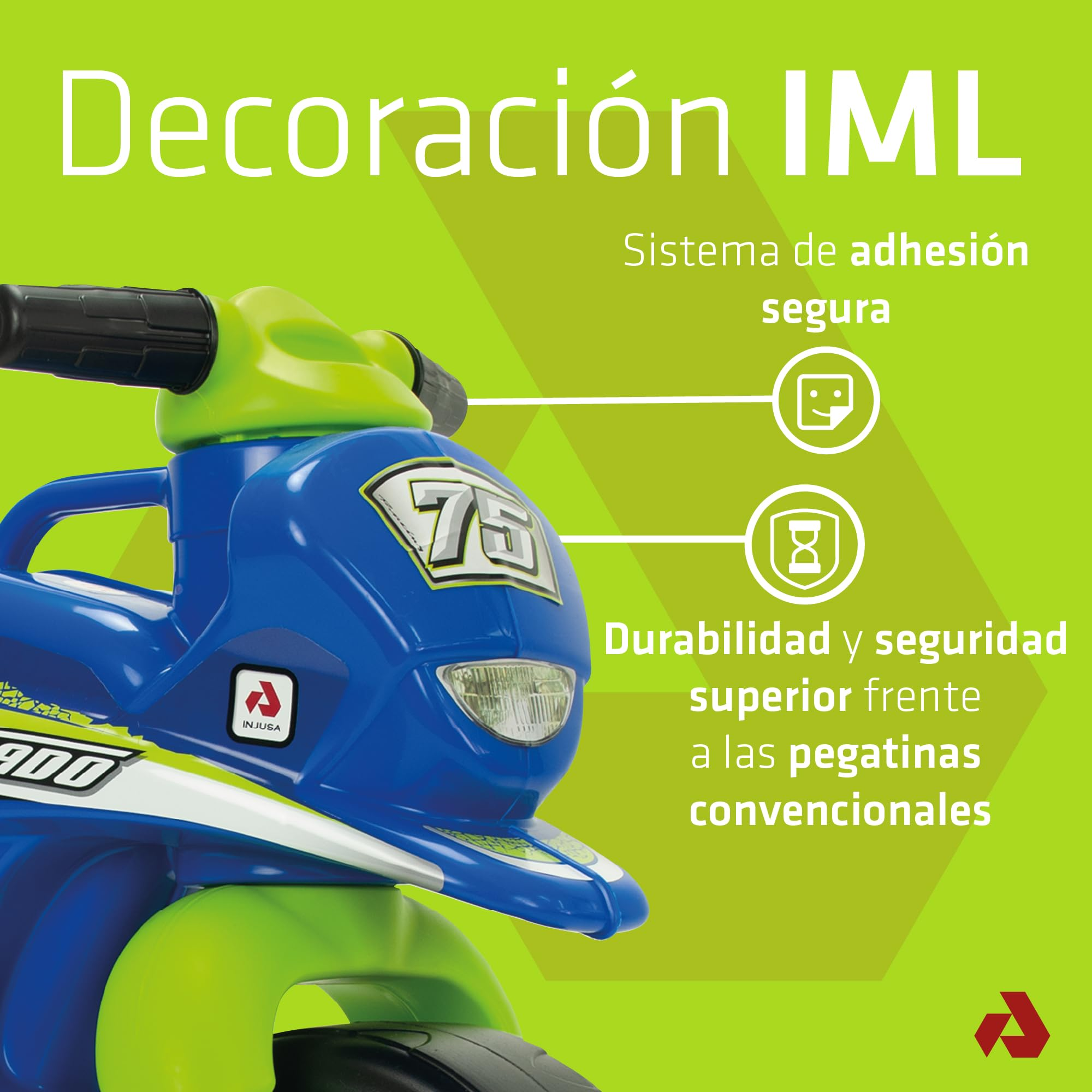 Moto giocattolo blu e verde. Testo: Decoración IML, Durabilidad y seguridad. Loghi e numeri sono visibili.