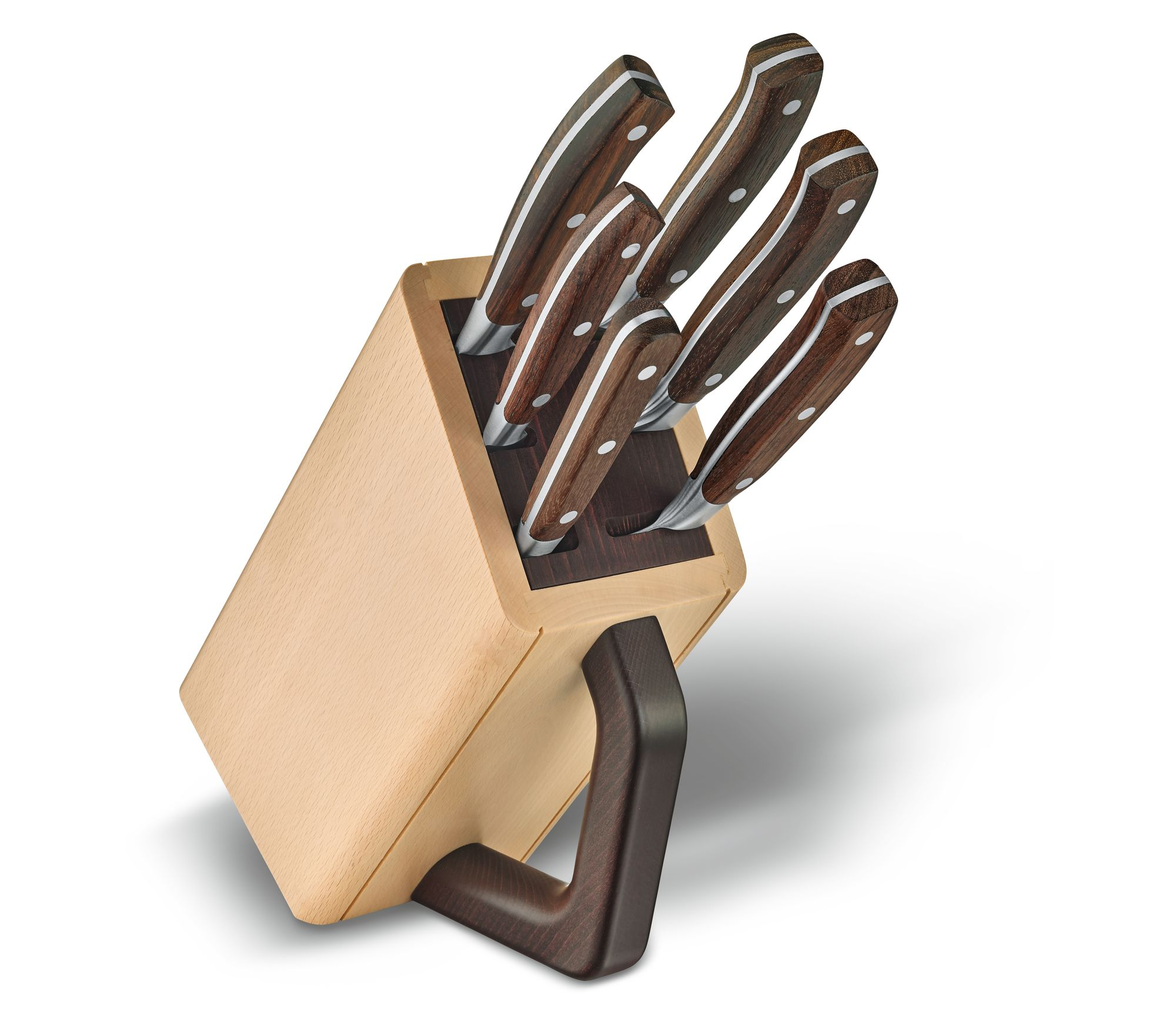 Ein Messerblock mit sechs Messern. Der Block ist aus hellem Holz, die Messer haben braune Griffe und stehen vor weißem Hintergrund.