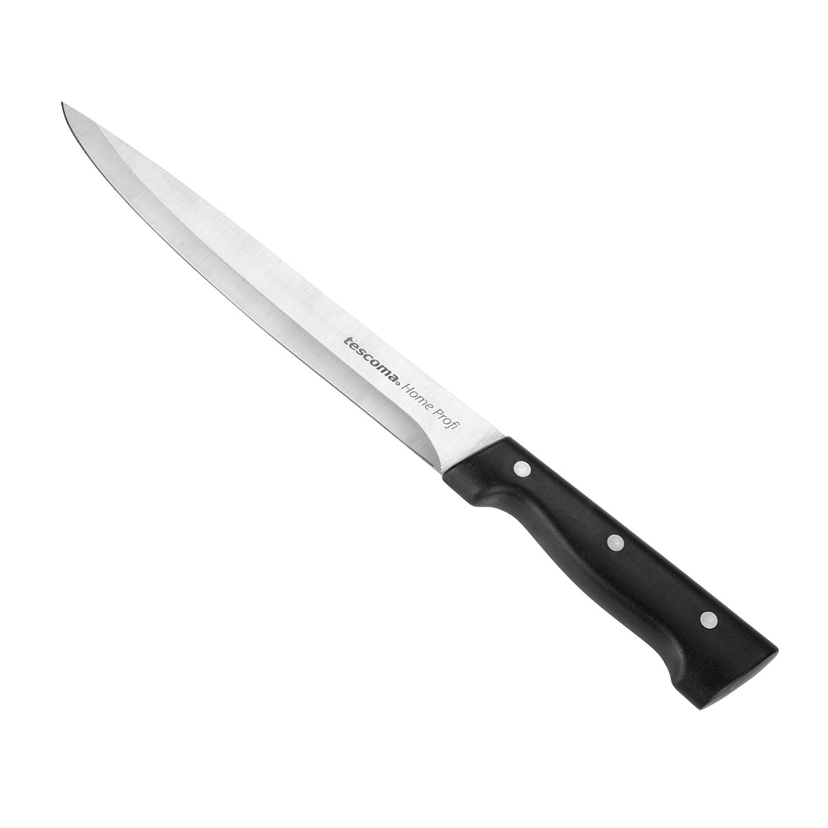 Ein Küchenmesser mit silberner Klinge und schwarzem Griff. Auf der Klinge steht die Marke 'tescoma Home Profi'.