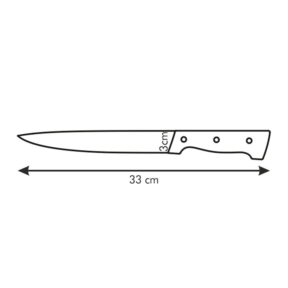Eine Messerillustration. Es ist 33 cm lang und 3 cm breit. Es hat einen Griff mit drei Nieten, eine Klinge und eine scharfe Spitze.