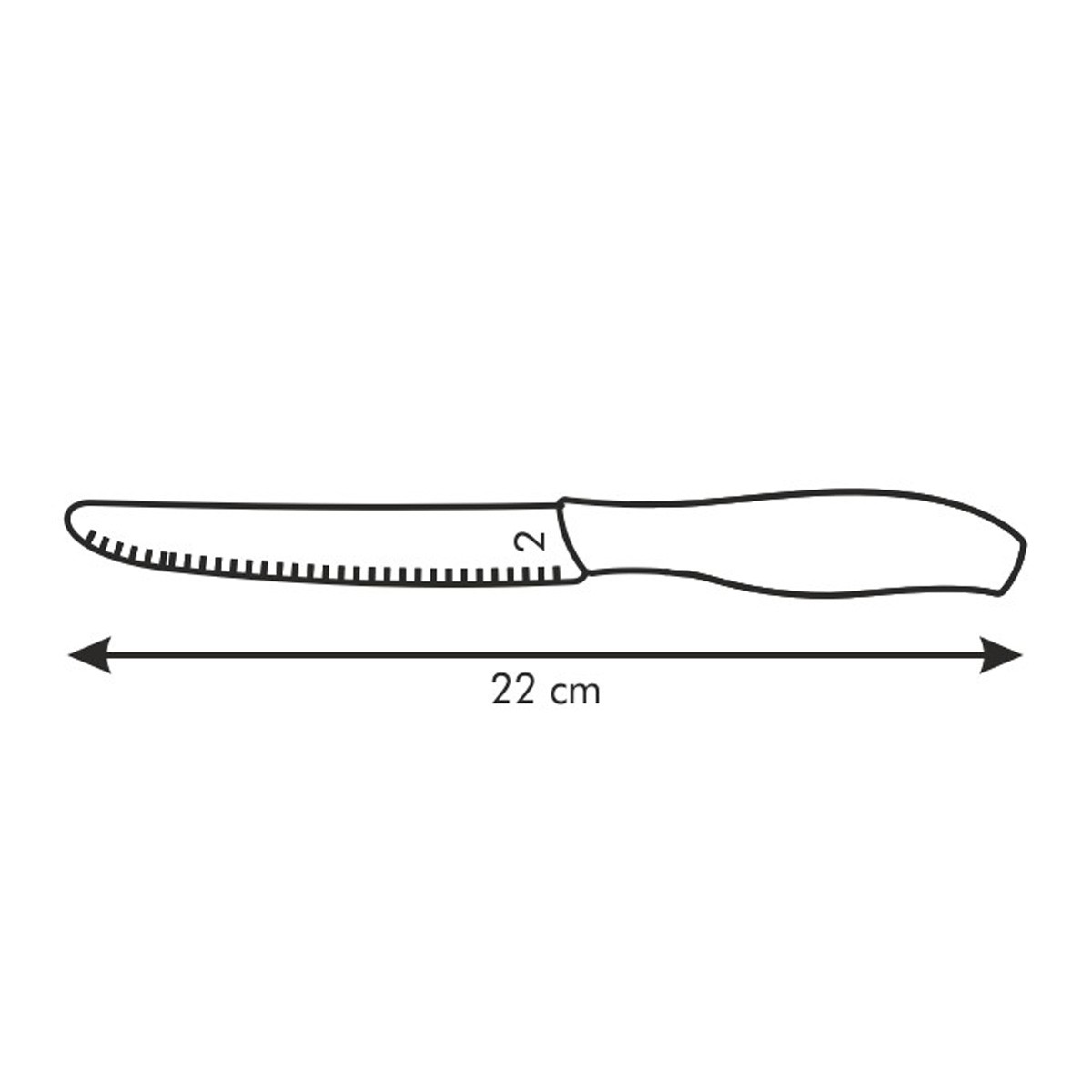 Ein Messer mit gezahnter Klinge wird gezeigt. Es ist 22 cm lang. Der Griff ist gebogen und die Klinge hat die Nummer 2.