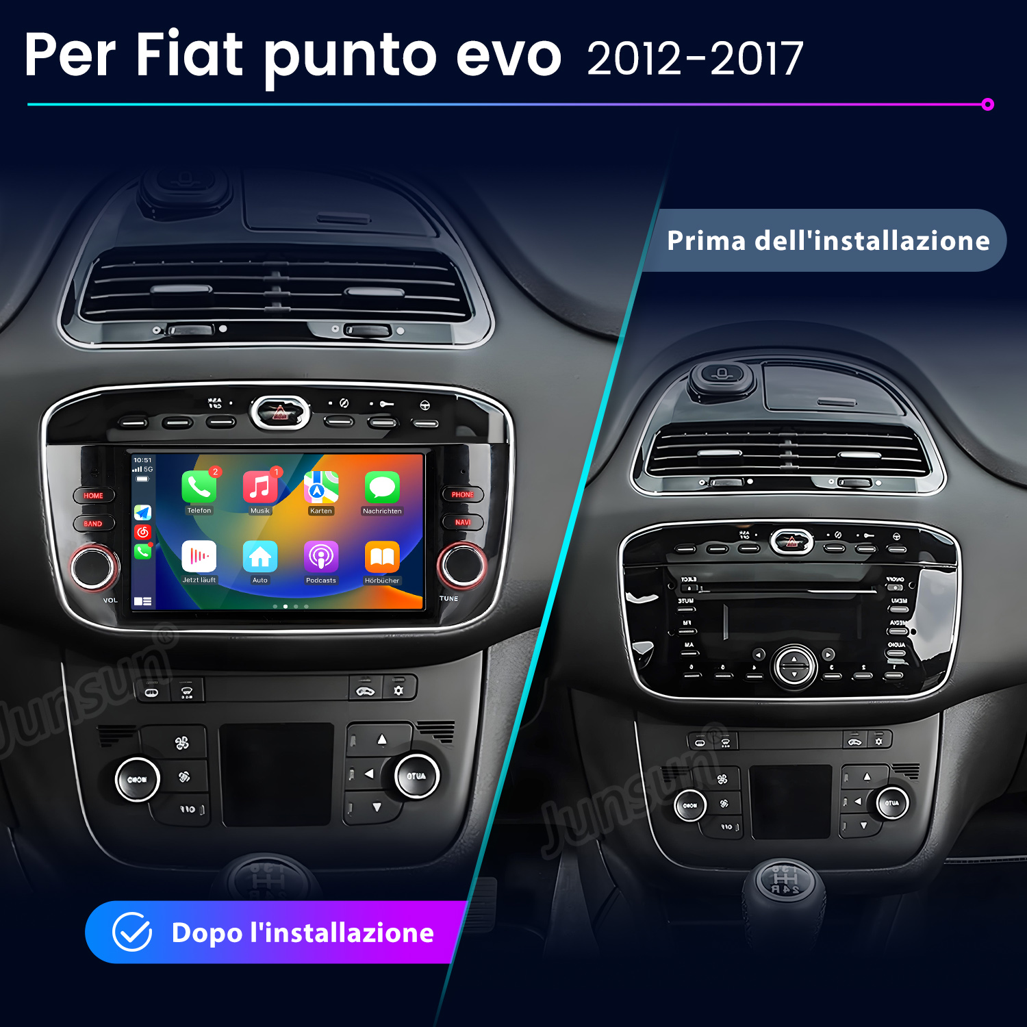 L'immagine mostra il cruscotto di un'auto prima e dopo l'installazione di un nuovo sistema multimediale. Il nuovo sistema ha un touchscreen.
