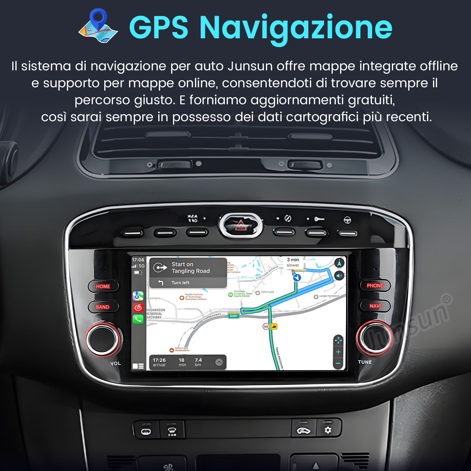 Cruscotto auto con navigazione GPS. Lo schermo mostra una mappa con indicazioni stradali. Pulsanti per home, band, telefono e nav.