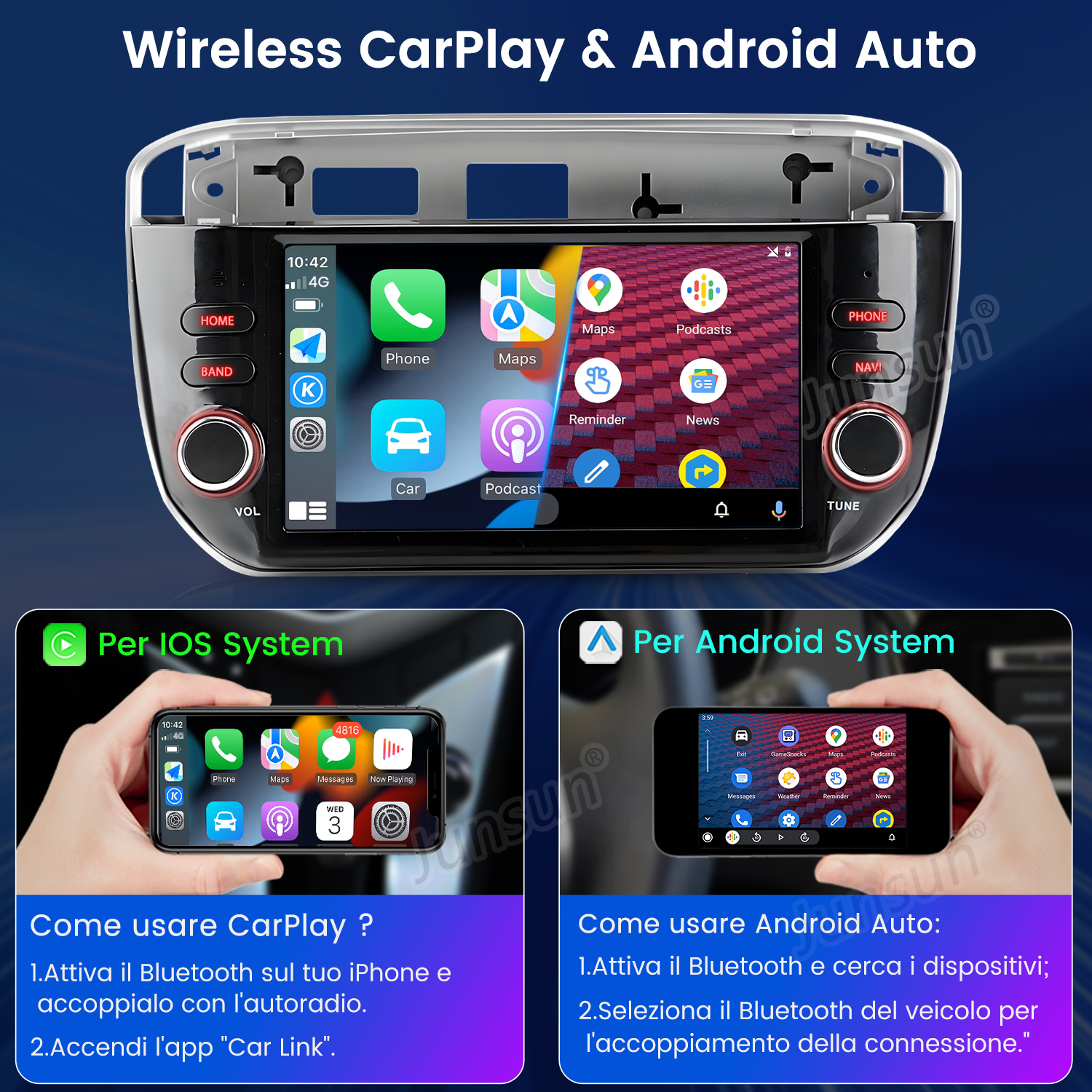 Autoradio con CarPlay e Android Auto. Due schermi più piccoli mostrano le interfacce iOS e Android.