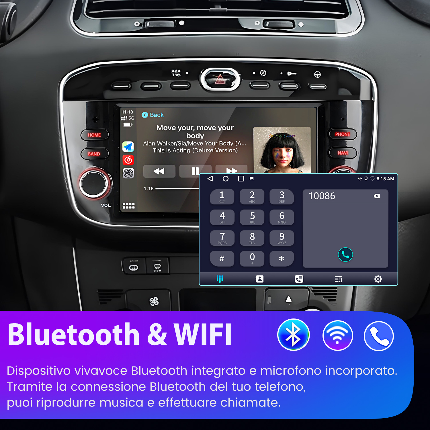 Autoradio con schermo che mostra musica e un dialer telefonico. I loghi Bluetooth e WiFi sono in basso.