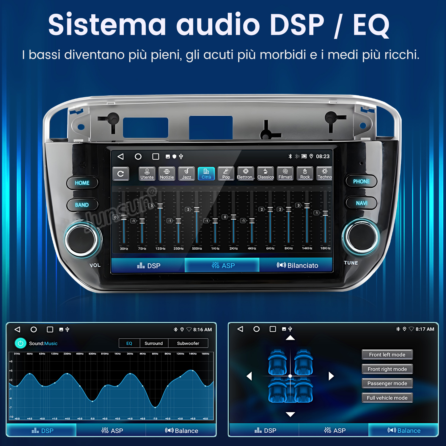 Interfaccia del sistema audio dell'auto. Mostra le impostazioni dell'equalizzatore, le opzioni radio e i controlli del bilanciamento degli altoparlanti. Lo schermo mostra varie impostazioni.