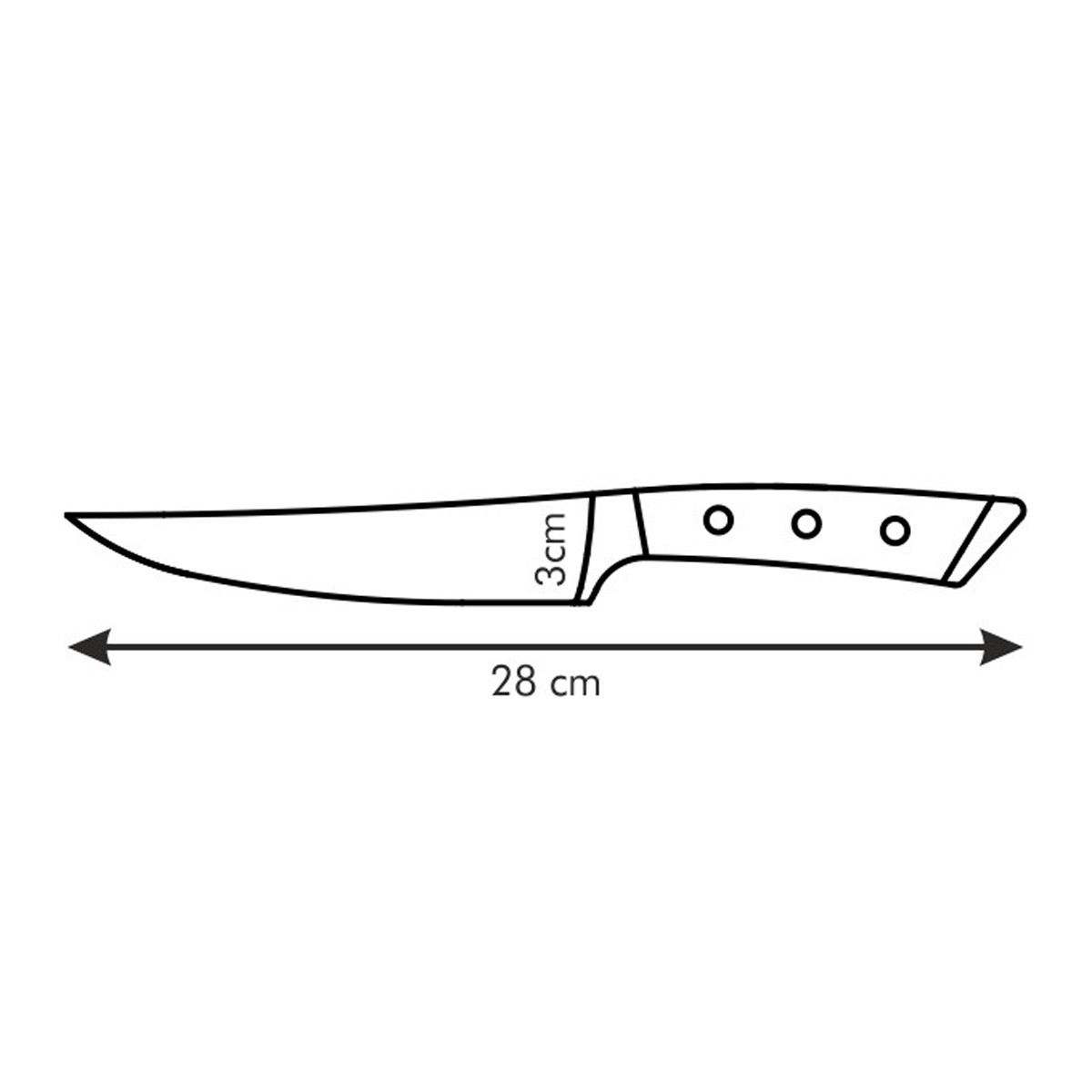 Umriss eines Messers. Klinge ist 28 cm lang und 3 cm breit. Drei Kreise am Griff. Pfeile zeigen die Abmessungen.