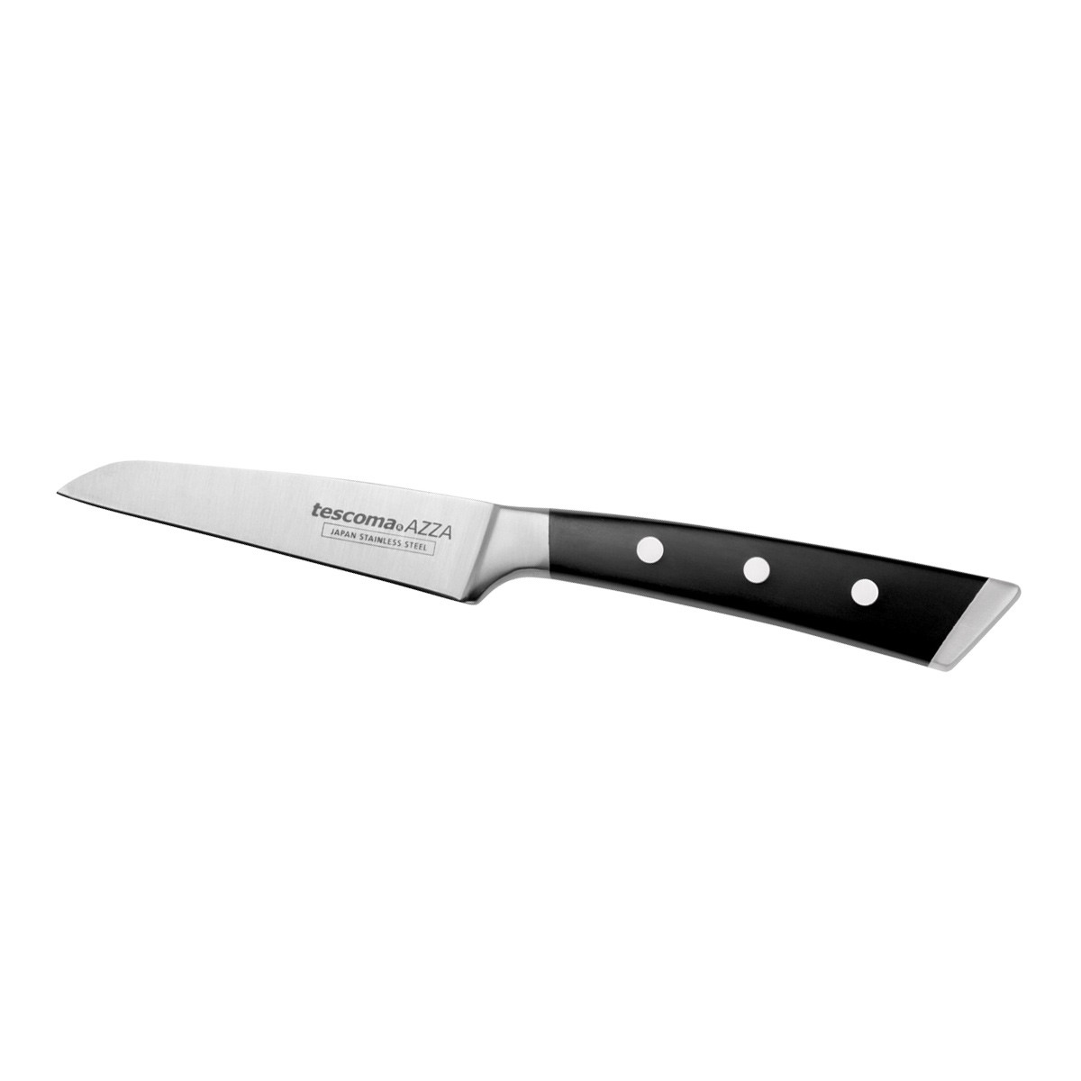 Ein kleines Messer mit schwarzem Griff und silberner Klinge, auf weißem Hintergrund. Die Marke 'tescoma AZZA' ist sichtbar.