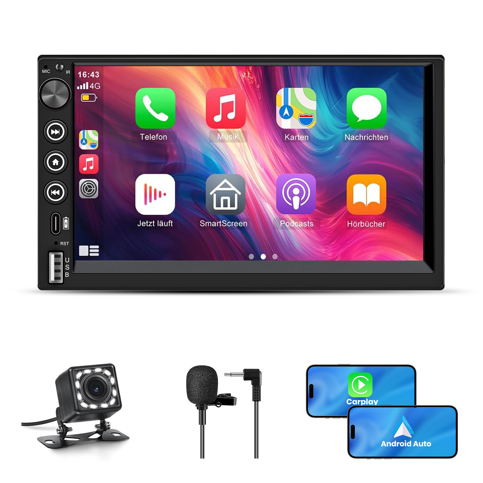 Autoradio con app telefono, musica, mappe. Include anche retrocamera, microfono e schermi CarPlay/Android Auto.