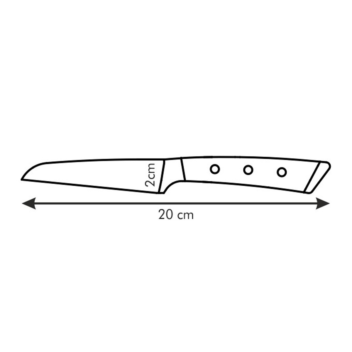 Strichzeichnung eines Messers. Die Klinge ist 20 cm lang und 2 cm breit. Der Griff hat drei Kreise.