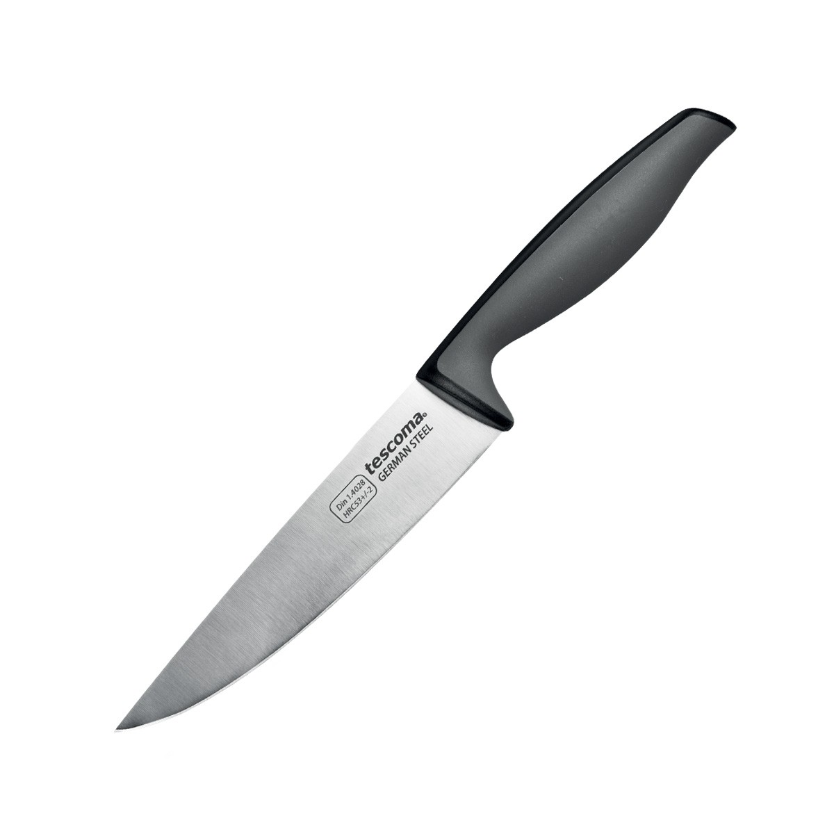 Ein Küchenmesser mit schwarzem Griff und silberner Klinge, liegt auf weißem Untergrund. Das Messer hat den Text "tescoma".