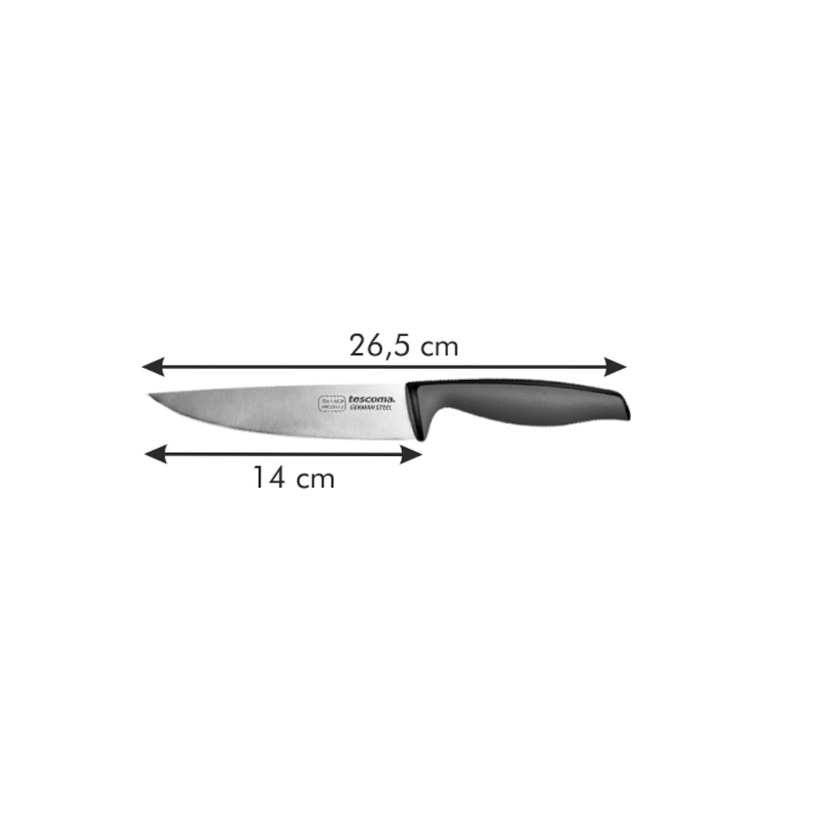 Ein Küchenmesser mit schwarzem Griff auf weißem Hintergrund. Text zeigt Maße: 26,5 cm und 14 cm.