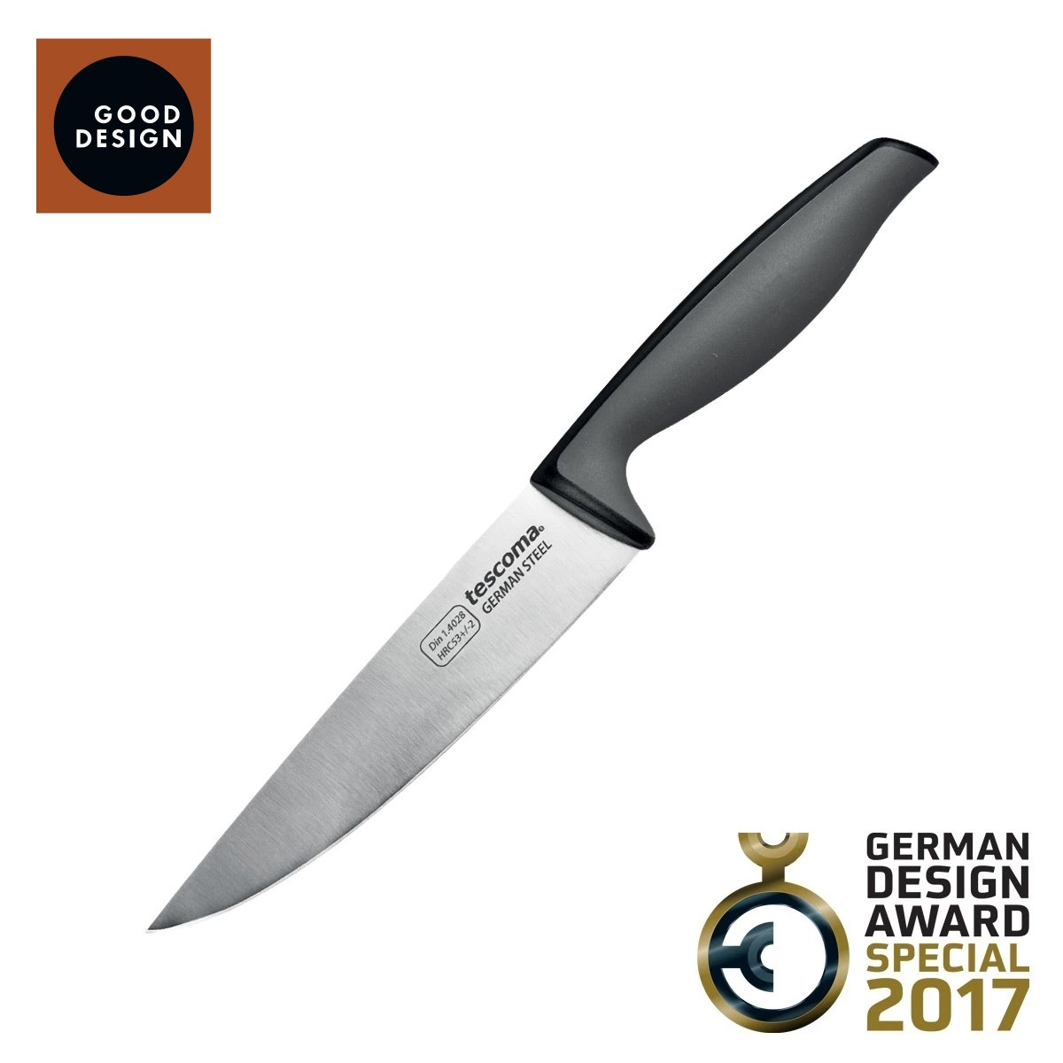 Ein Messer mit schwarzem Griff und silberner Klinge. Es hat ein 'Good Design'-Logo und ein 'German Design Award Special 2017'-Logo.