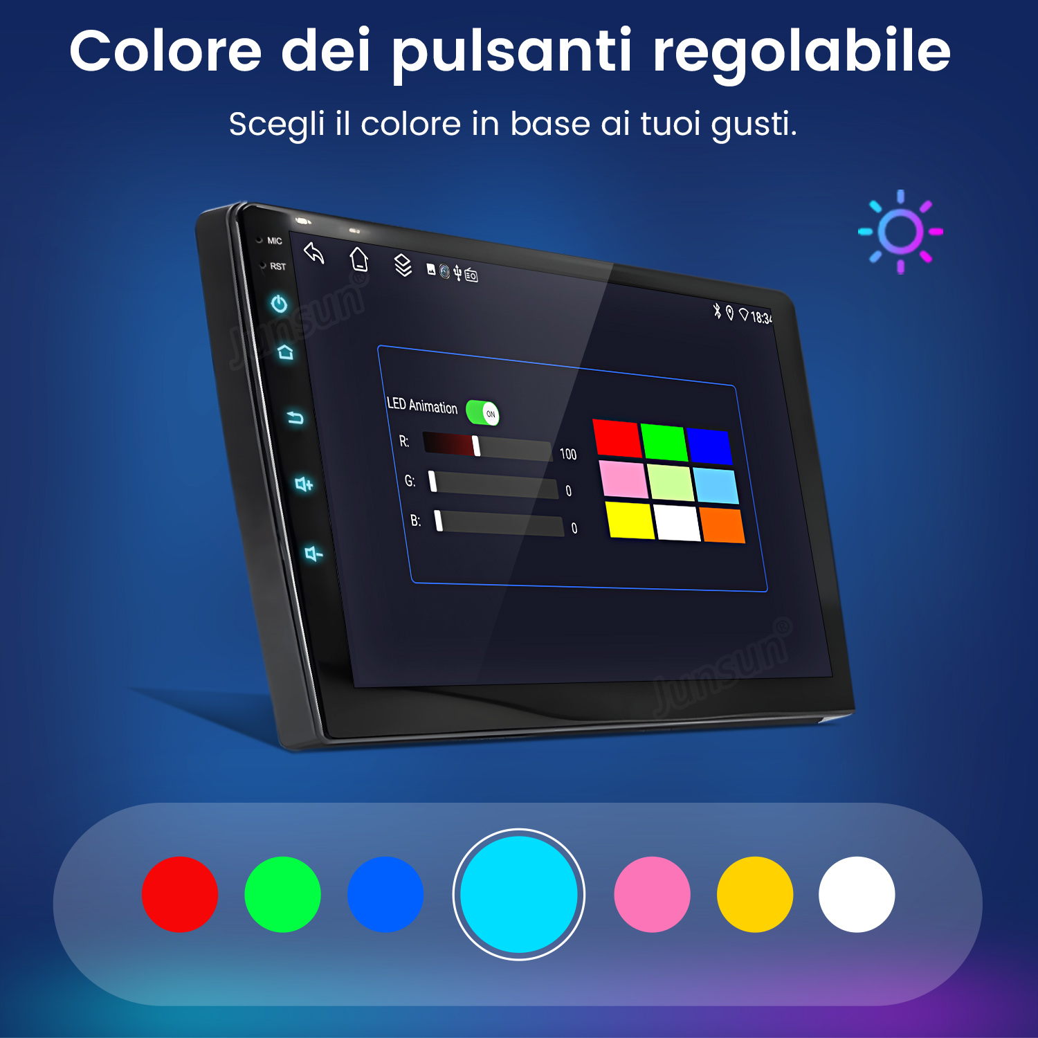 Uno schermo di un'autoradio mostra le opzioni di colore. Il testo dice 'Colore pulsanti regolabile', con opzioni di colore in basso.