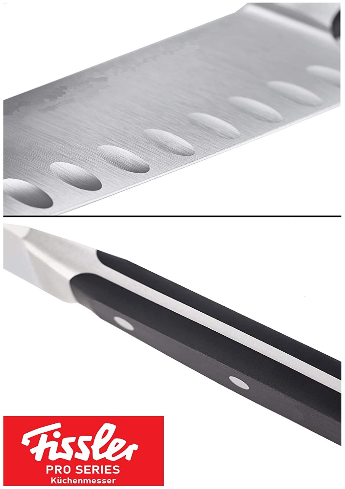 Nahaufnahme eines Messers. Die Klinge ist silberfarben mit ovalen Löchern. Der Griff ist schwarz mit weißen Streifen. Rotes Fissler-Logo.