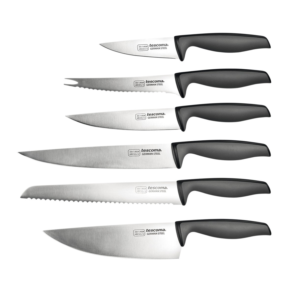 Sechs Tescoma-Messer aus deutschem Stahl mit schwarzen Griffen. Die Messer variieren in Größe und Klingenart: spitz, gezahnt und gerade.