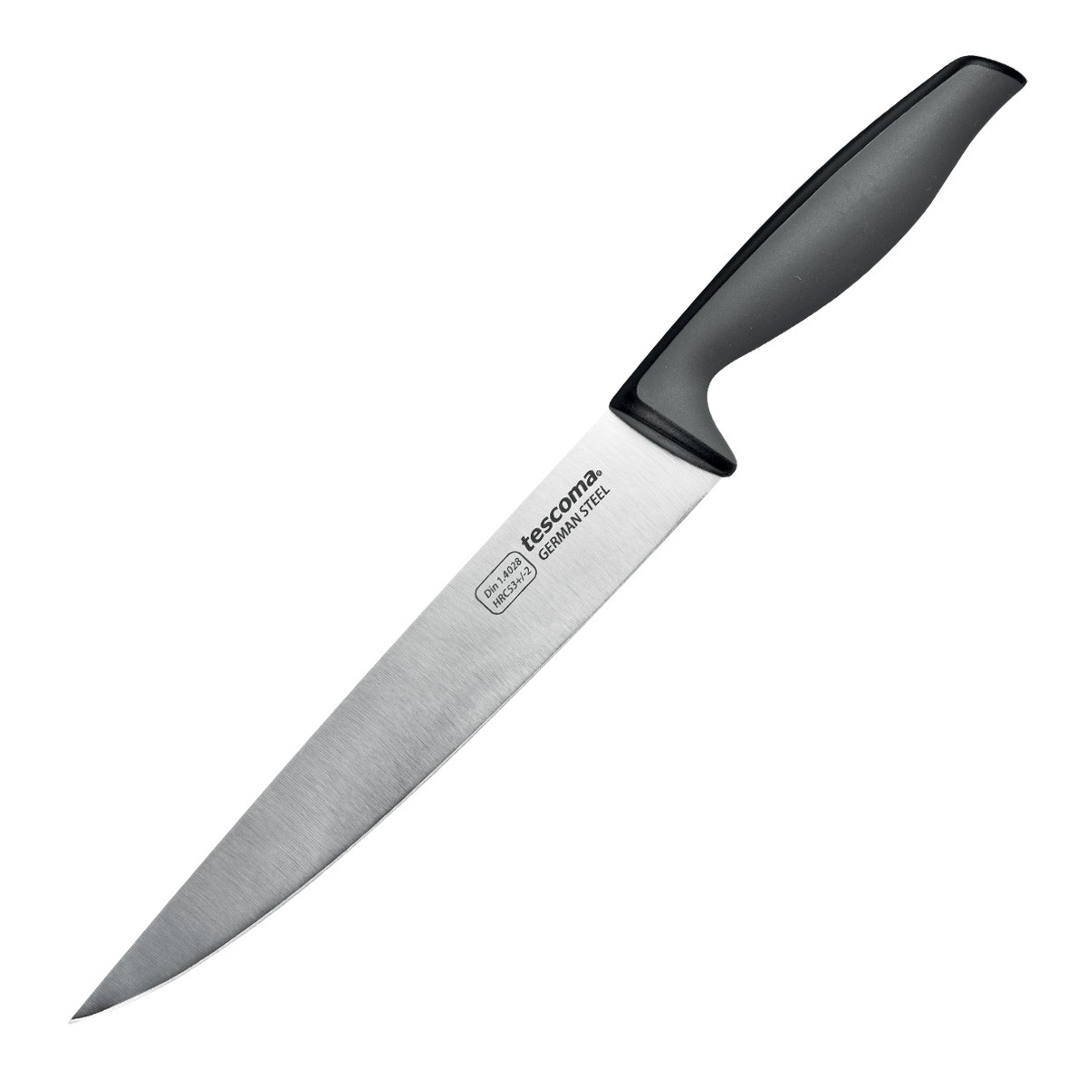 Ein Küchenmesser mit schwarzem Griff und silberner Klinge, diagonal abgewinkelt. Die Klinge hat Text mit der Aufschrift 'tescoma GERMAN STEEL'.