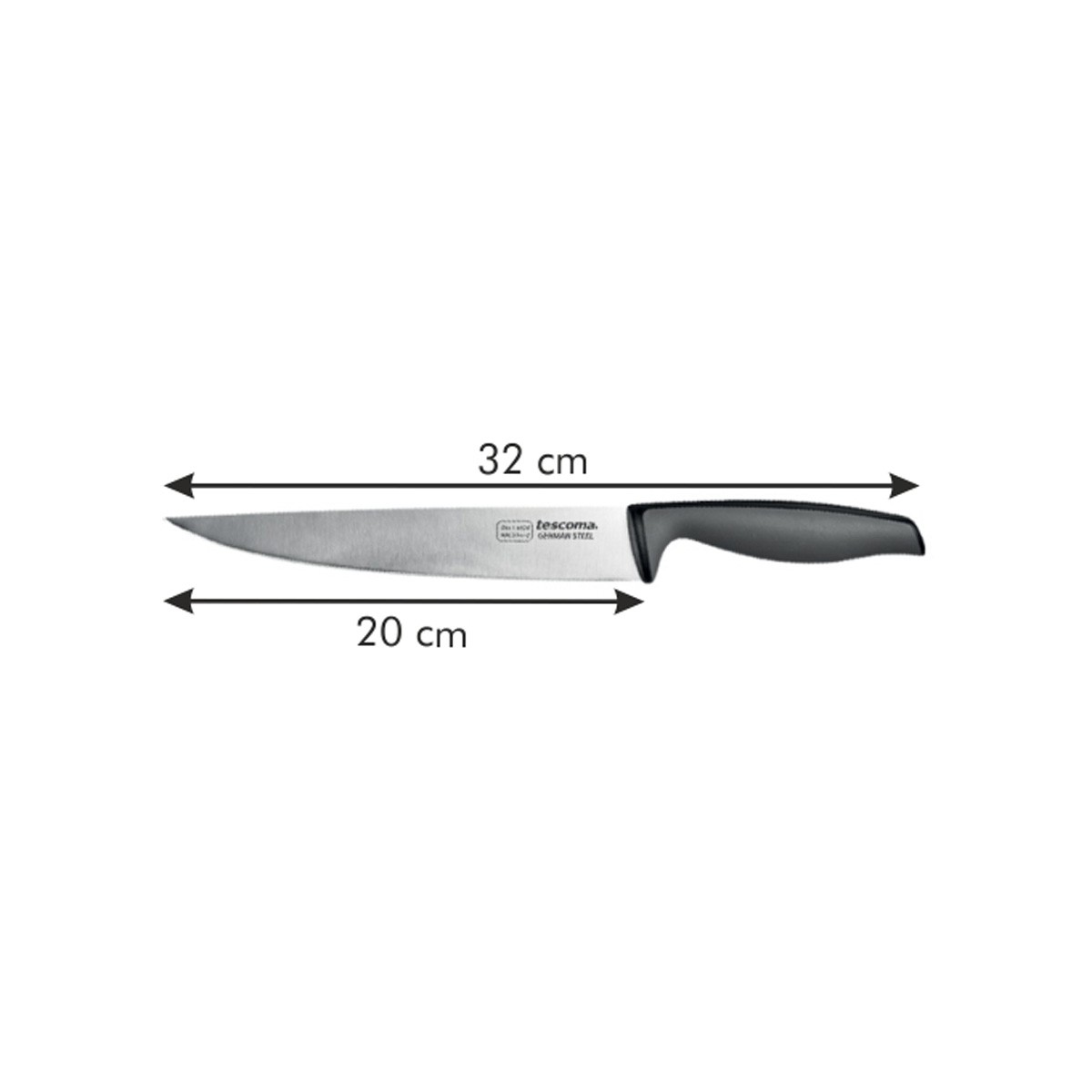 Ein Messer wird angezeigt, mit Etiketten, die 32 cm Gesamtlänge und 20 cm Klingenlänge angeben. Es hat einen schwarzen Griff und eine silberne Klinge.