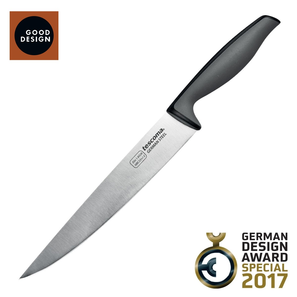Ein Küchenmesser mit schwarzem Griff und silberner Klinge. Es hat ein 'Good Design'-Logo und ein 'German Design Award 2017'-Logo.
