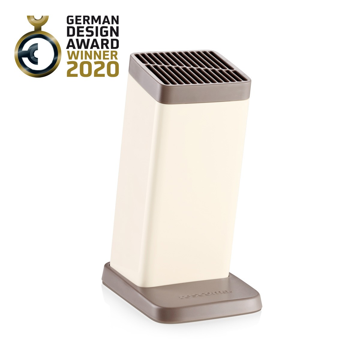 Ein cremefarbener und brauner Messerblock, German Design Award Winner 2020. Er hat eine geschlitzte Oberseite und eine rechteckige Basis.