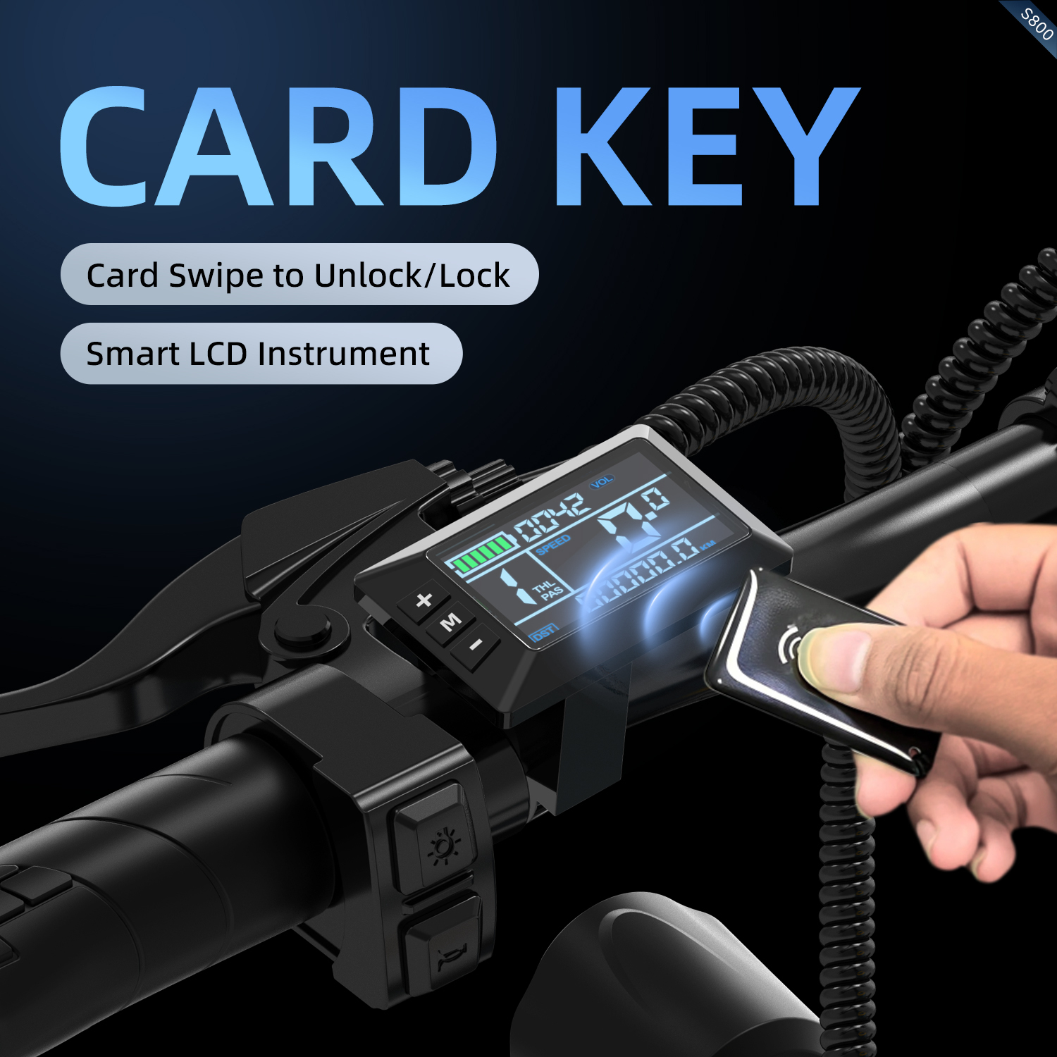 Das Bild zeigt einen schwarzen Lenker mit Digitalanzeige und Fernbedienung. Text: 'CARD KEY', 'Card Swipe to Unlock/Lock'.