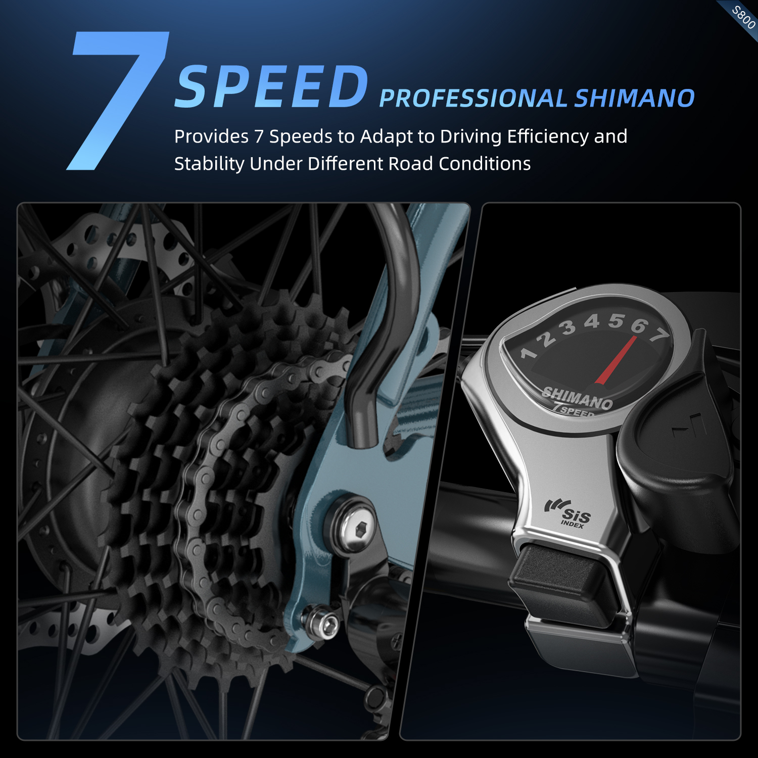 Das Bild zeigt das Gangsystem eines Fahrrads. Es hat 7 Gänge. Details des Shimano-Getriebes und der Hinterradgänge sind sichtbar.