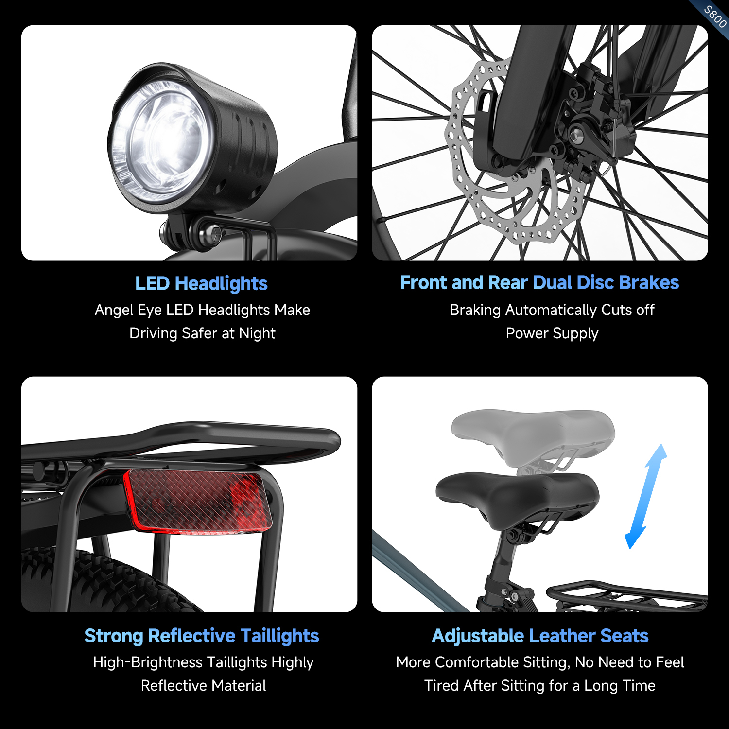 Das Bild zeigt Nahaufnahmen eines E-Bikes, wobei LED-Scheinwerfer, Scheibenbremsen, Rücklichter und verstellbare Ledersitze hervorgehoben werden.