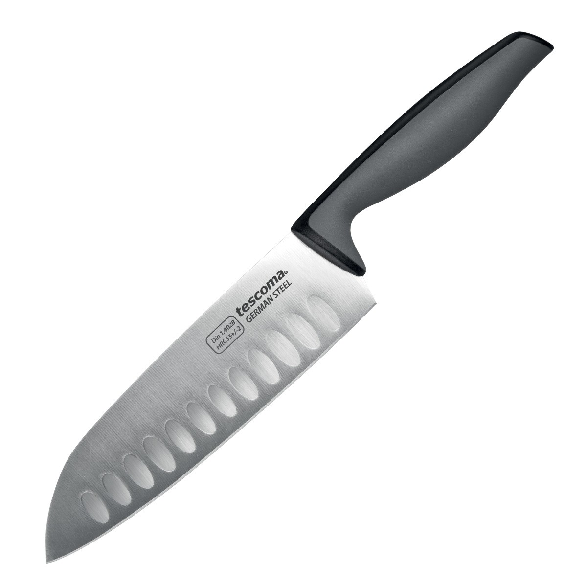 Ein Küchenmesser mit schwarzem Griff und silberner Klinge. Es hat ein Tescoma-Logo und besteht aus deutschem Stahl.