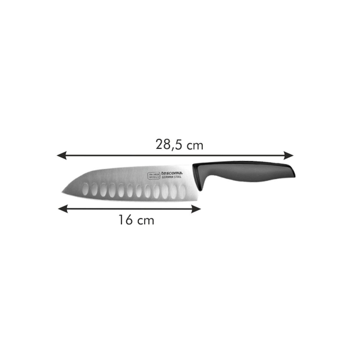 Ein Messer mit schwarzem Griff, silberner Klinge mit Löchern. Maße: 28,5 cm lang, 16 cm Klinge. Text: tescoma.