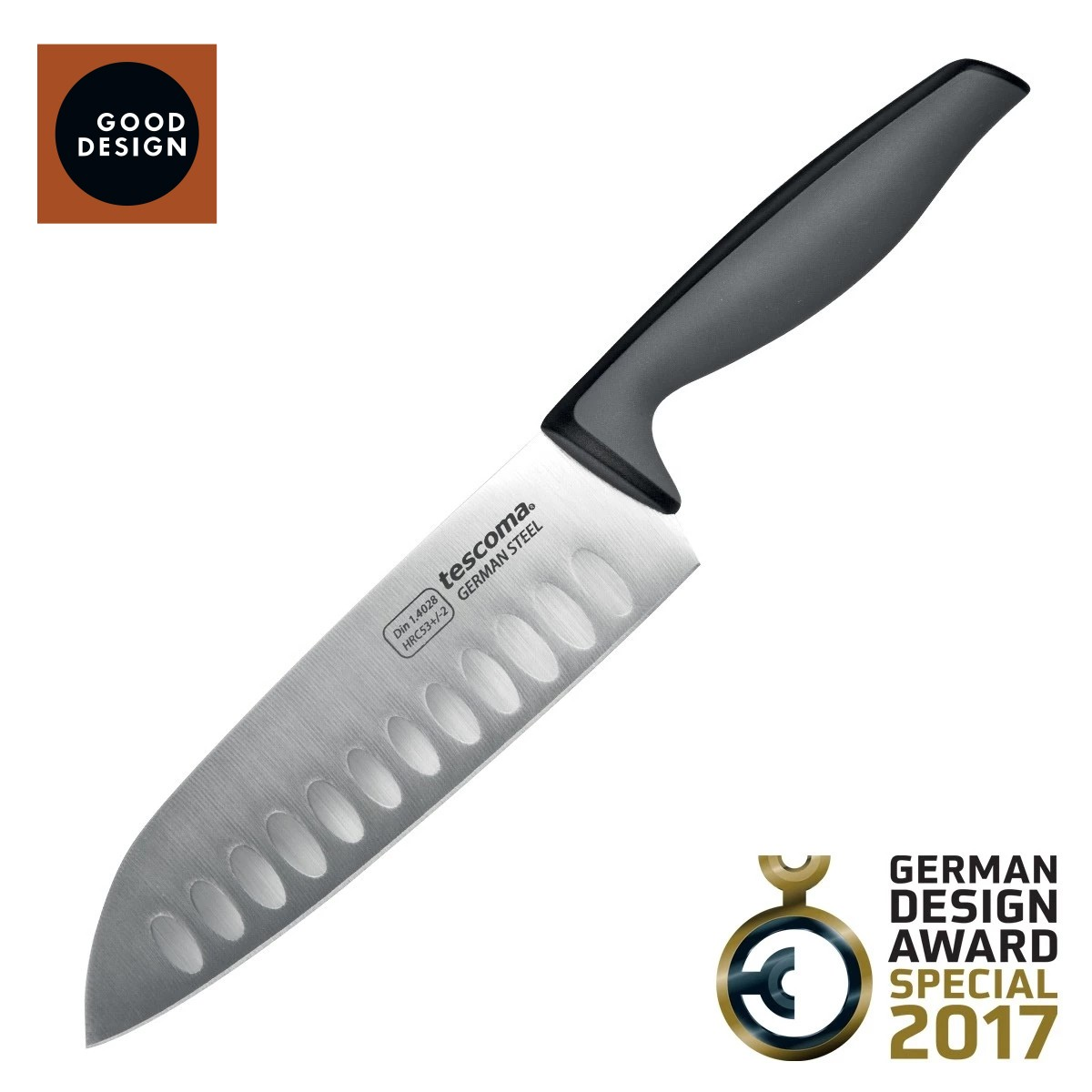 Ein Küchenmesser mit schwarzem Griff und silberner Klinge. Es hat ein Good Design Logo und ein German Design Award Special 2017 Logo.