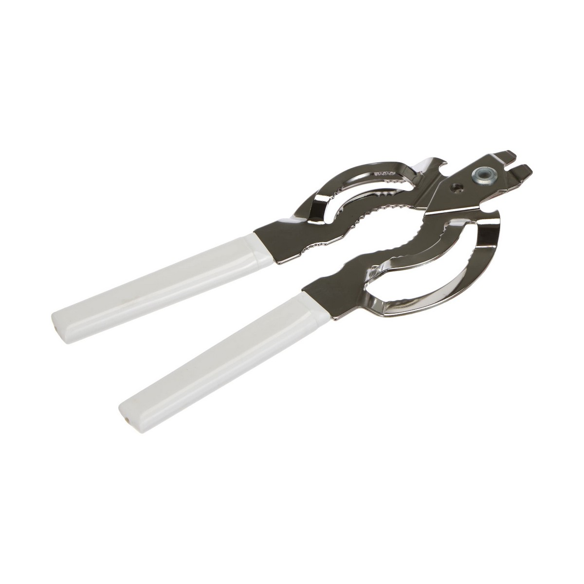 Ein Dosenöffner mit weißen Griffen und einem silbernen Metallkörper, zum Öffnen von Dosen und Flaschen, isoliert auf weißem Hintergrund.