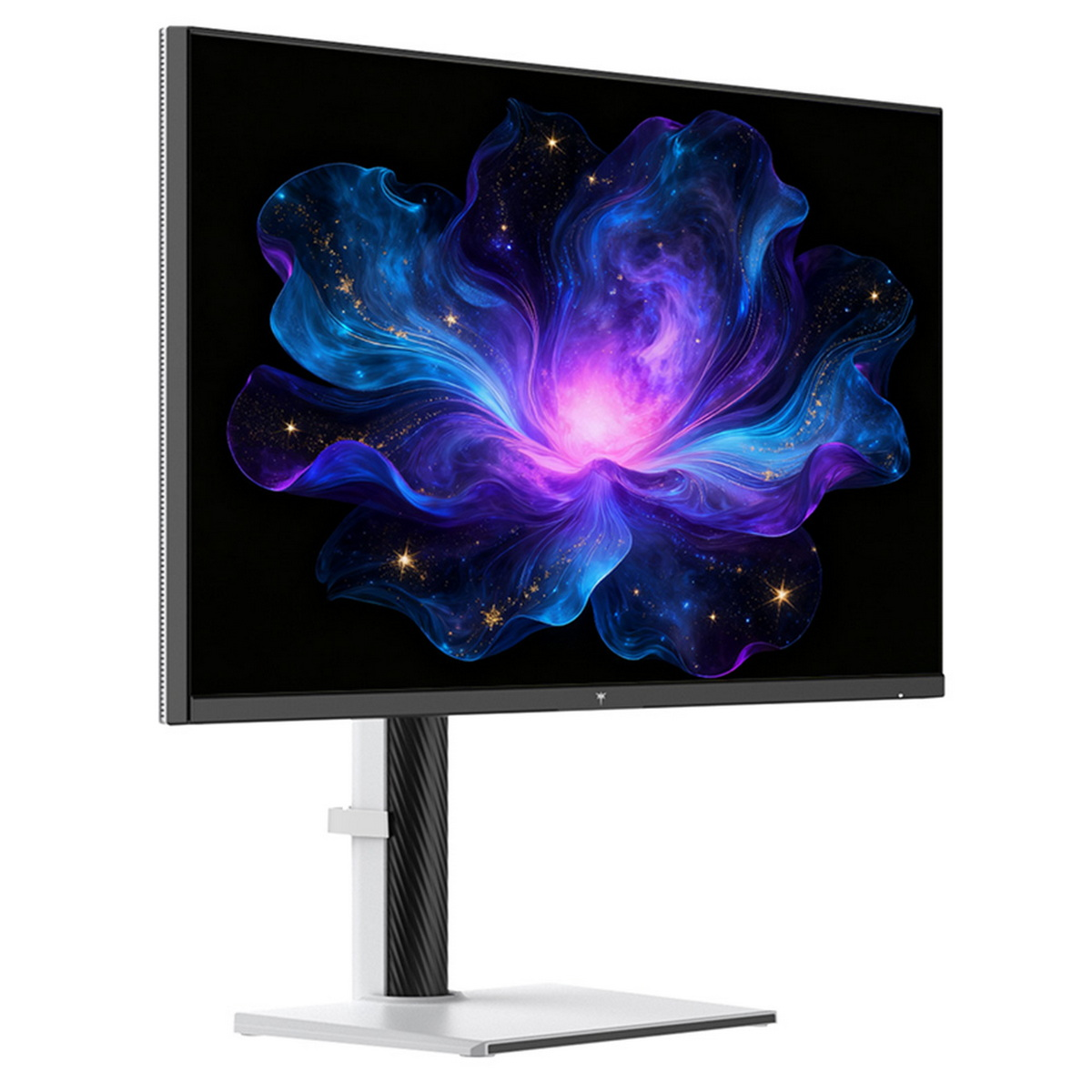 Ein Computermonitor zeigt ein lebendiges, kosmisches Blumenbild in Blau, Lila und Gold auf schwarzem Hintergrund. Der Monitor steht auf einem Ständer.
