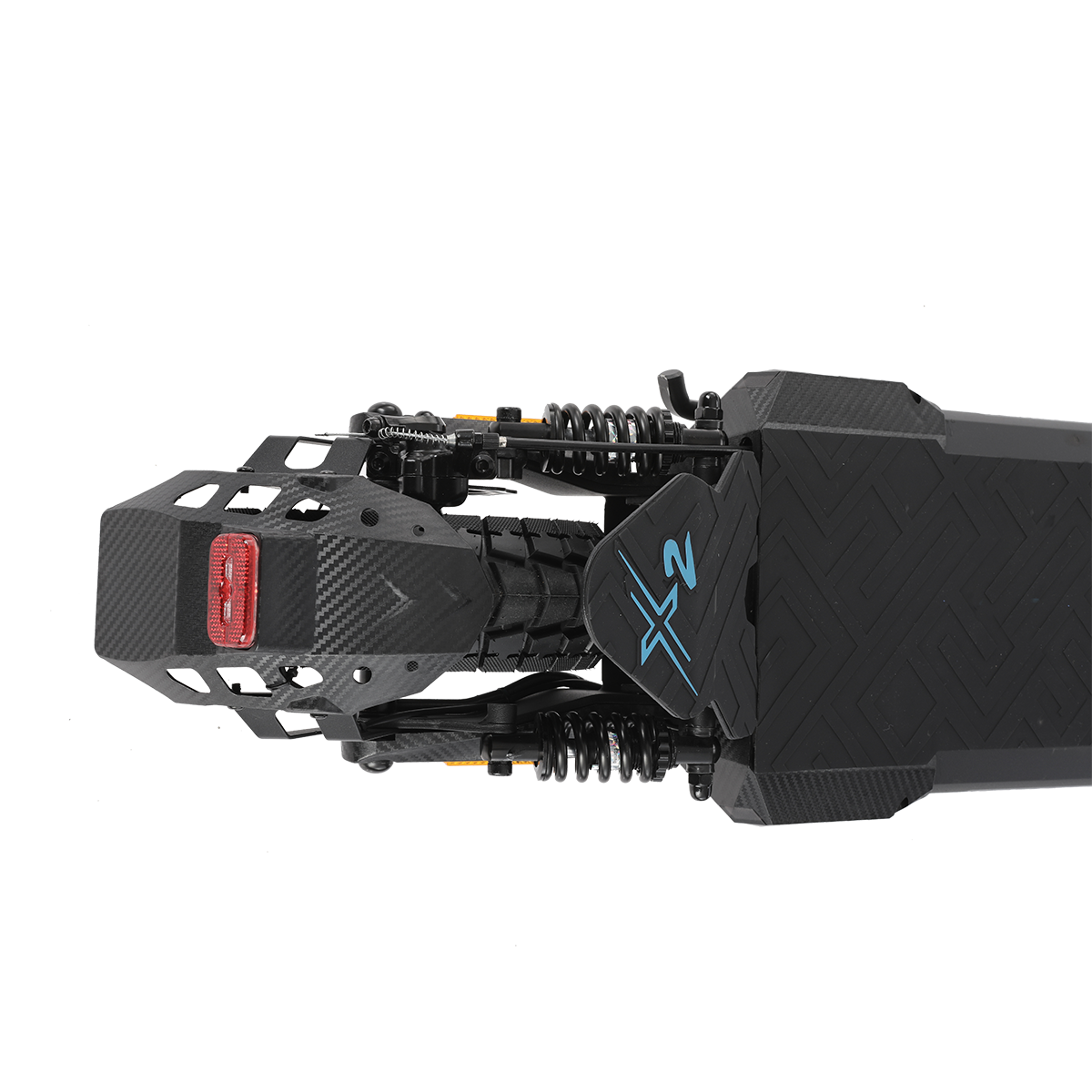 Widok z góry na czarną hulajnogę elektryczną. Posiada ramę z włókna węglowego, zawieszenie i czerwone światło tylne. Na podeście znajduje się niebieskie logo "X2".