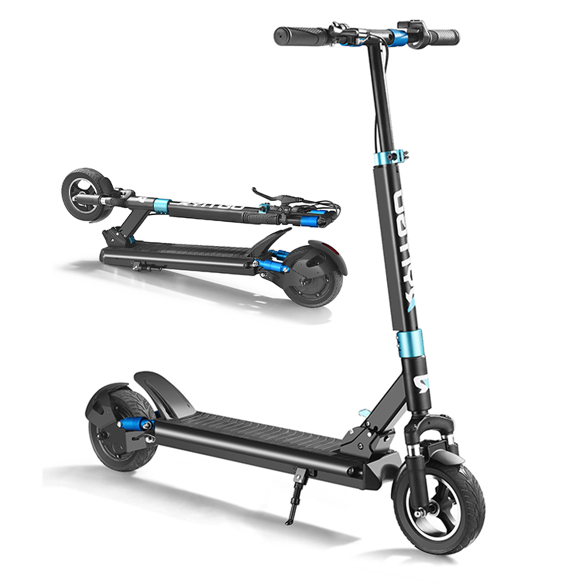 Czarna hulajnoga elektryczna z niebieskimi akcentami pokazana w dwóch pozycjach, jedna złożona. Na białym tle.