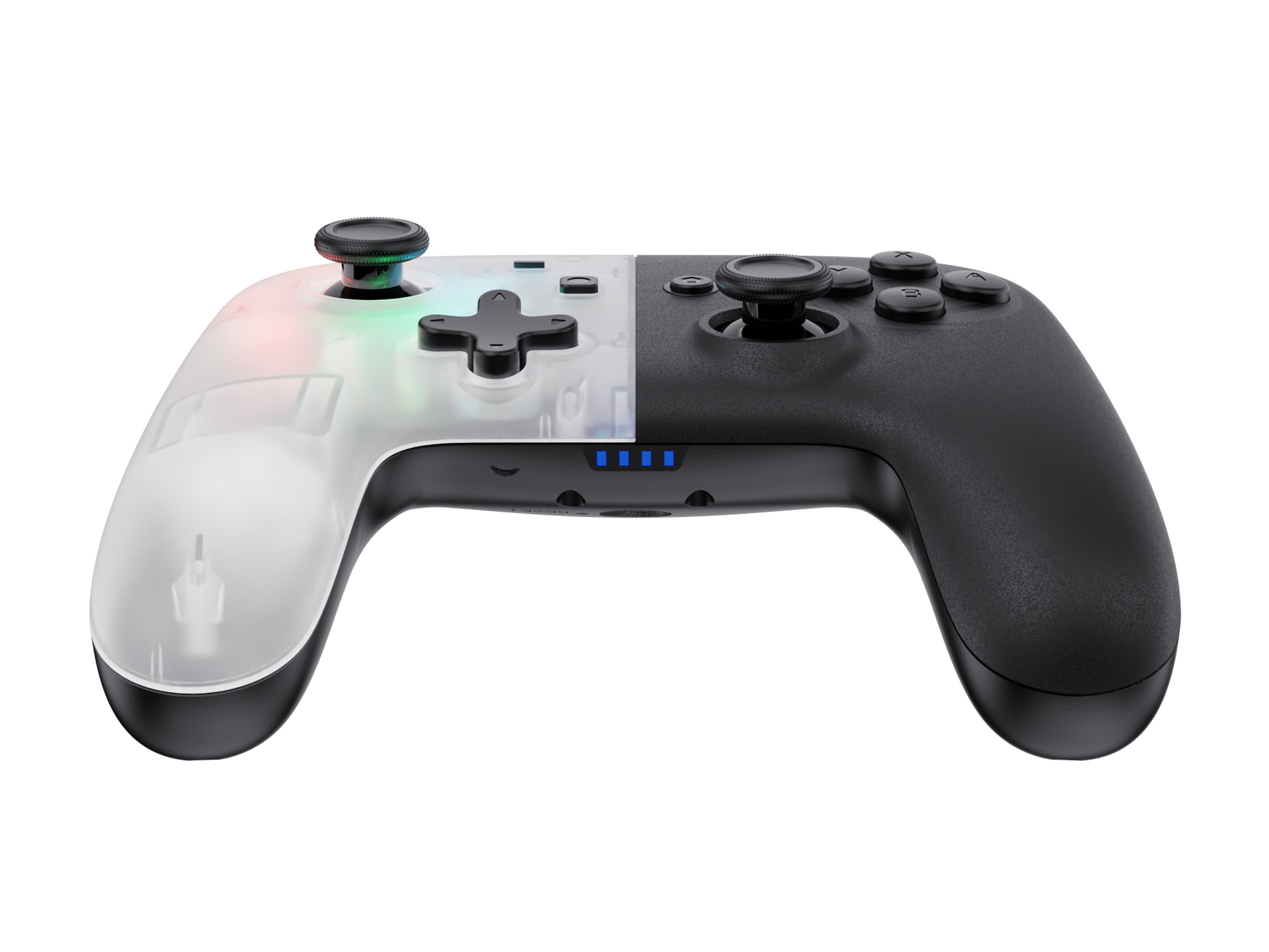 Un controller di gioco diviso. Un lato è trasparente, mostrando i componenti interni. L'altro è nero. Pulsanti e joystick sono visibili.