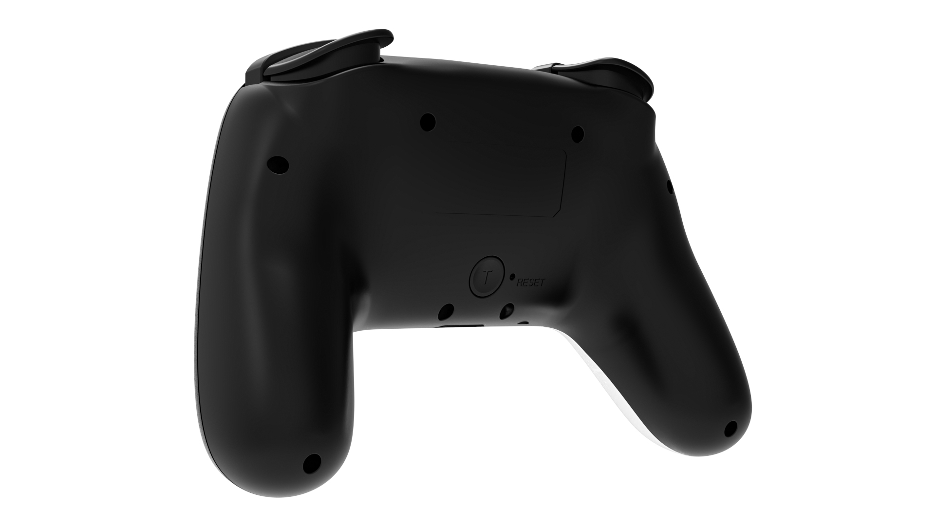 Vista posteriore di un controller di gioco nero. Ha un pulsante di ripristino, diversi fori e un fondo bianco. I grilletti sono visibili.