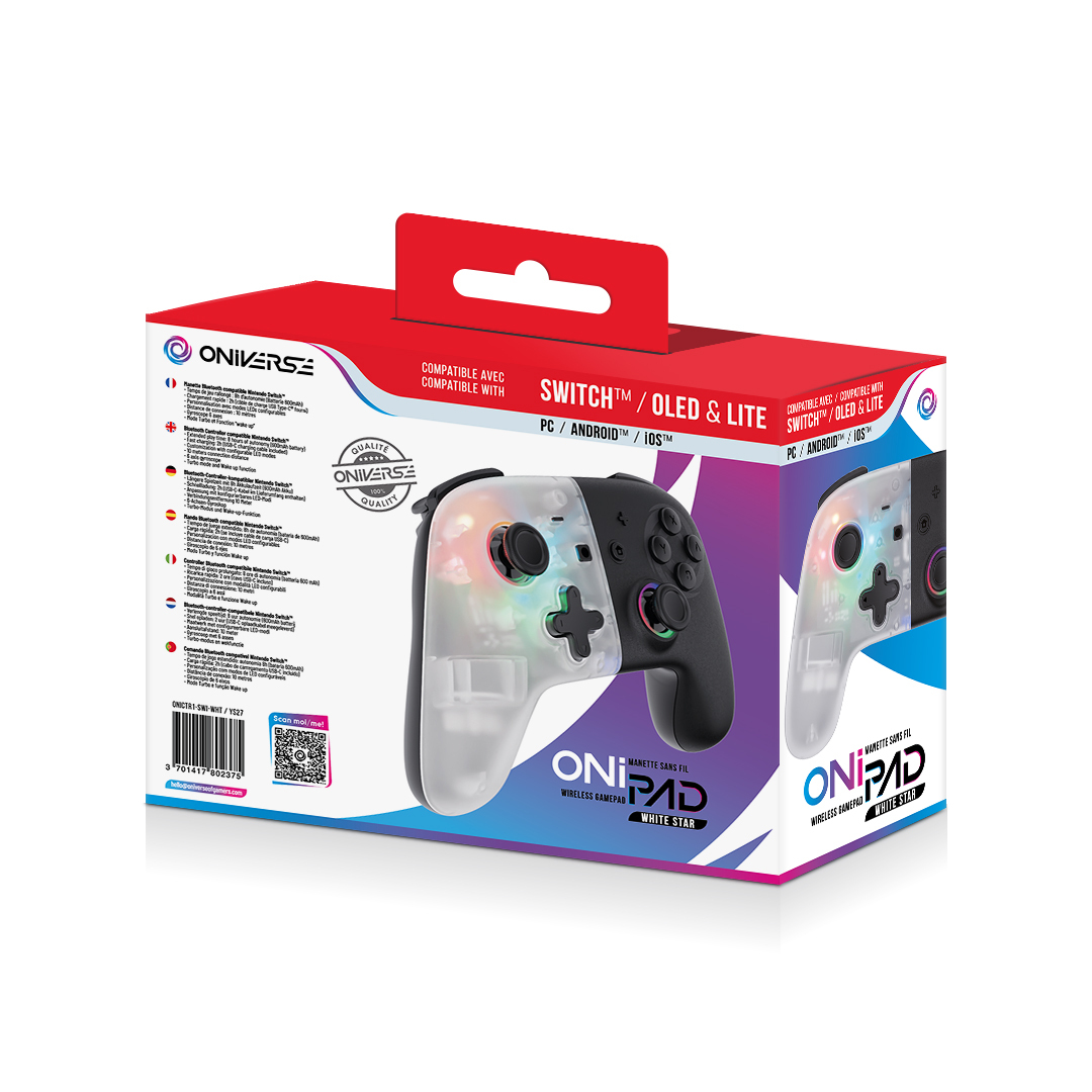 La scatola mostra un gamepad wireless per Switch/OLED/Lite. È bianco e nero, con il marchio ONIPAD e una stella bianca.